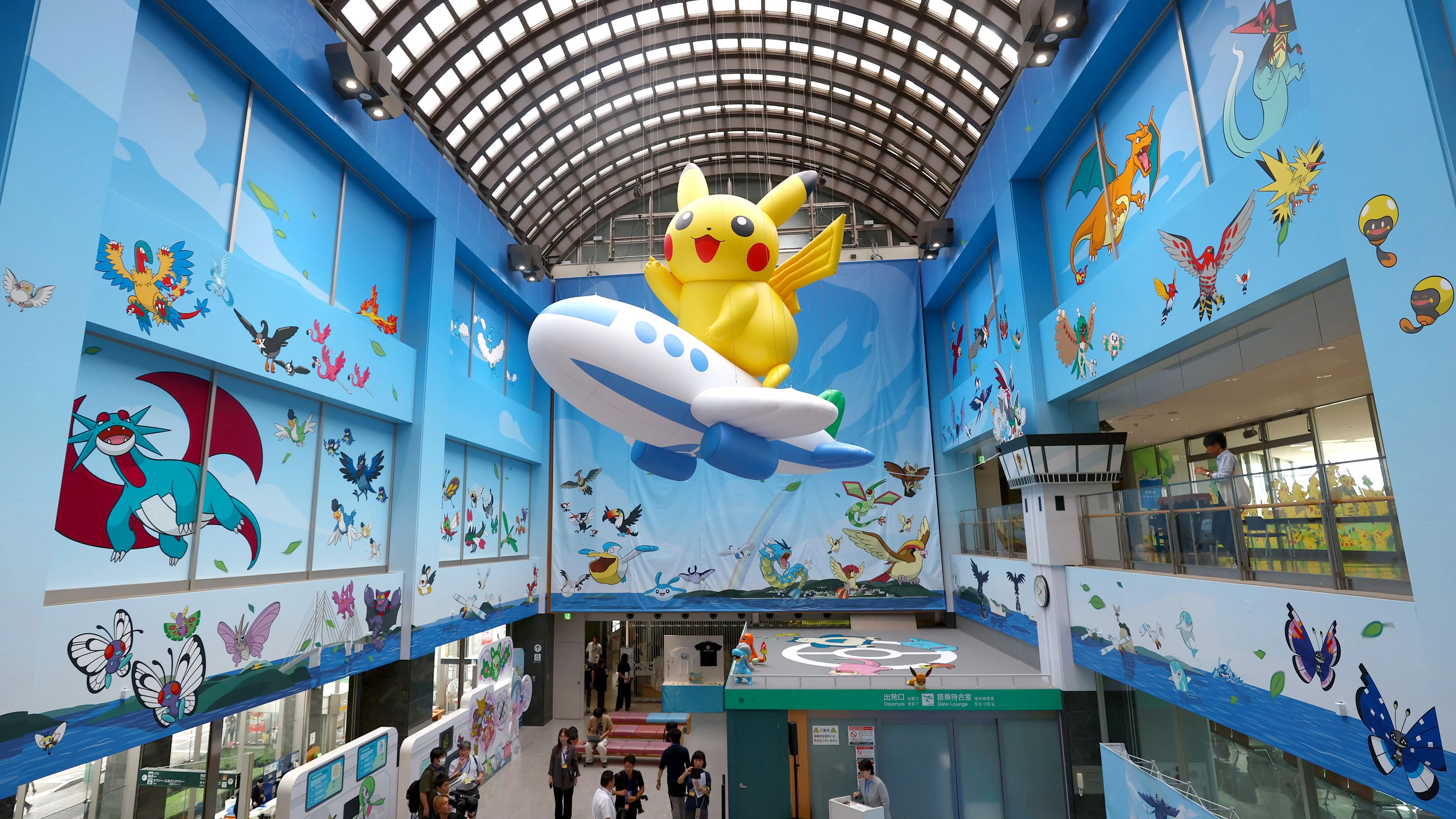 The departure lobby of "Noto Satoyama Airport," in Ishikawa prefecture, decorated with Pokémon motifs, on July 7, 2026. To encourage children affected by the Noto Peninsula Earthquake that occurred on January 1, 2024, the airport's nickname is temporarily changed to "Noto Satoyama 'Pokémon With You' Airport" from July 7 to September 30. 111 different Pokémon are featured in the decorations throughout the airport. ( The Yomiuri Shimbun via AP Images )