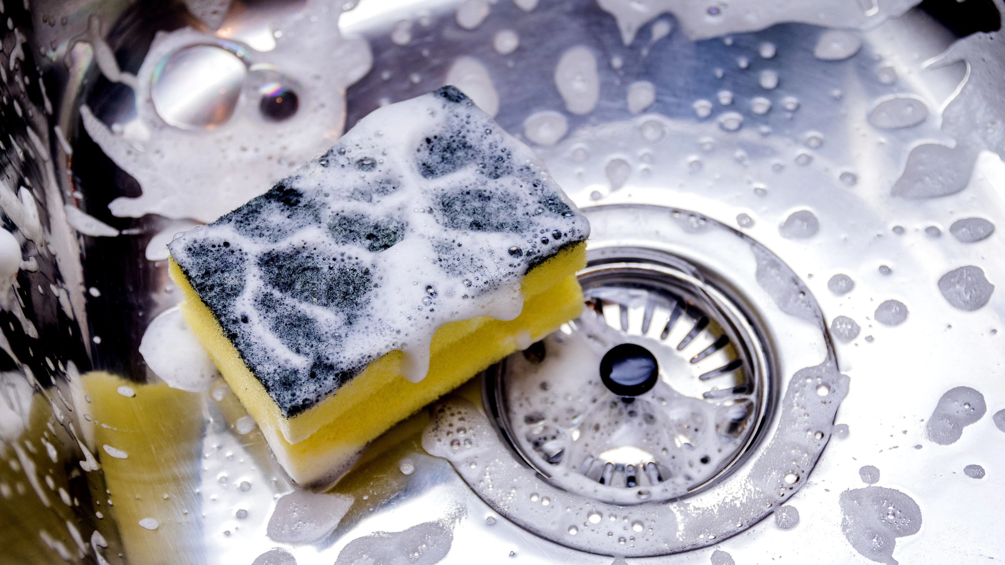 sponge in kitchen sink. Home cleaning concept.