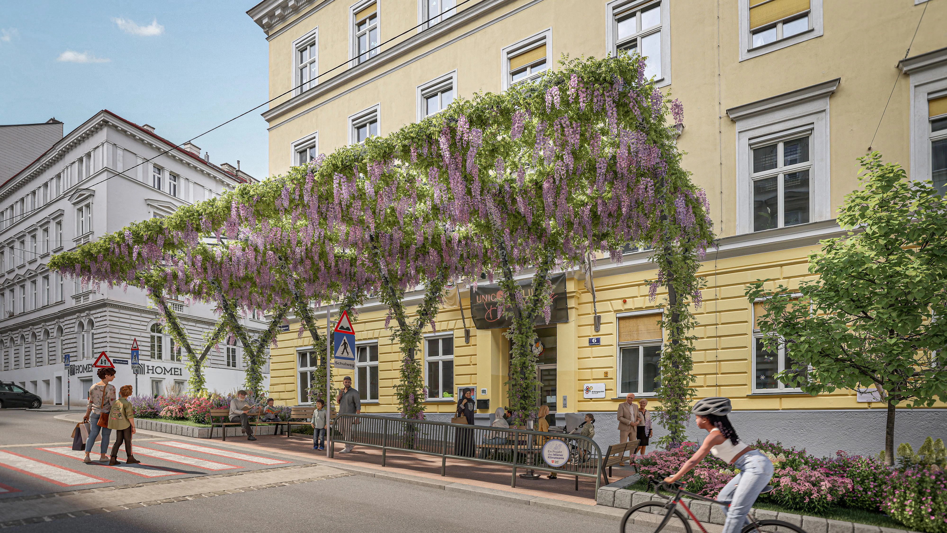 In der Corneliusgasse in Mariahilf starten die Bauarbeiten für das Wiener Klimateam-Projekt „Ein Wiener Klima-Himmel für die Volksschule Corneliusgasse“.