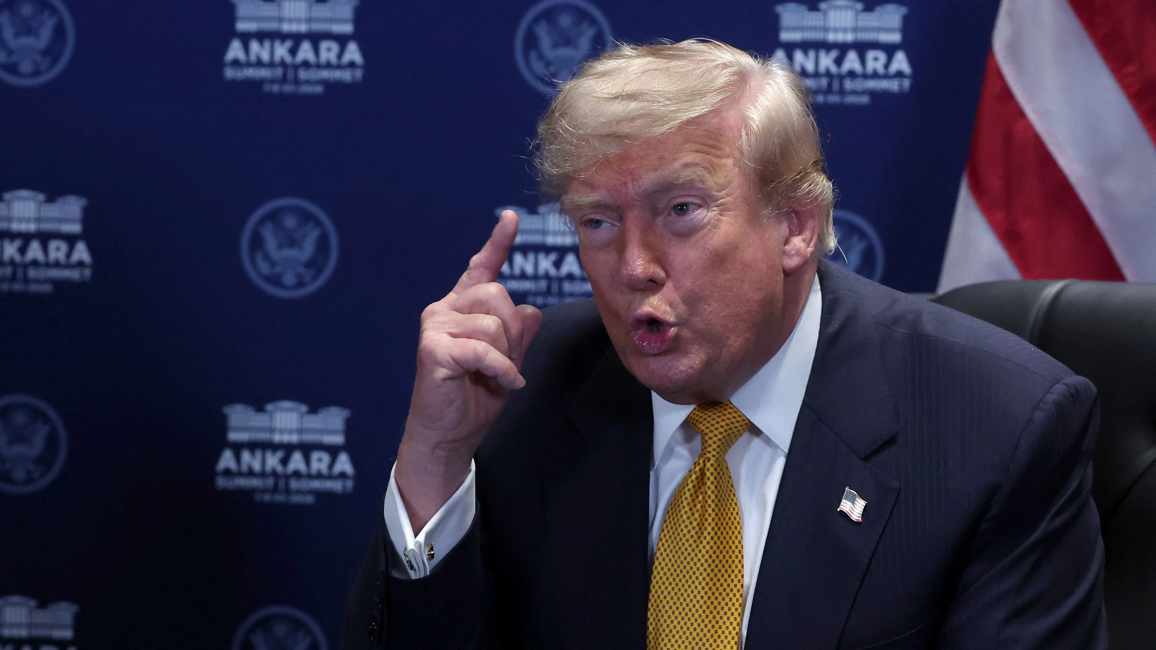 US President Donald Trump speaks during a meeting with NATO Secretary General Mark Rutte (not pictured) on the sidelines of the NATO summit in Ankara, Turkey, 08 July 2026. The NATO Summit takes place from 07-08 July.  FILIP SINGER/Pool via REUTERS
