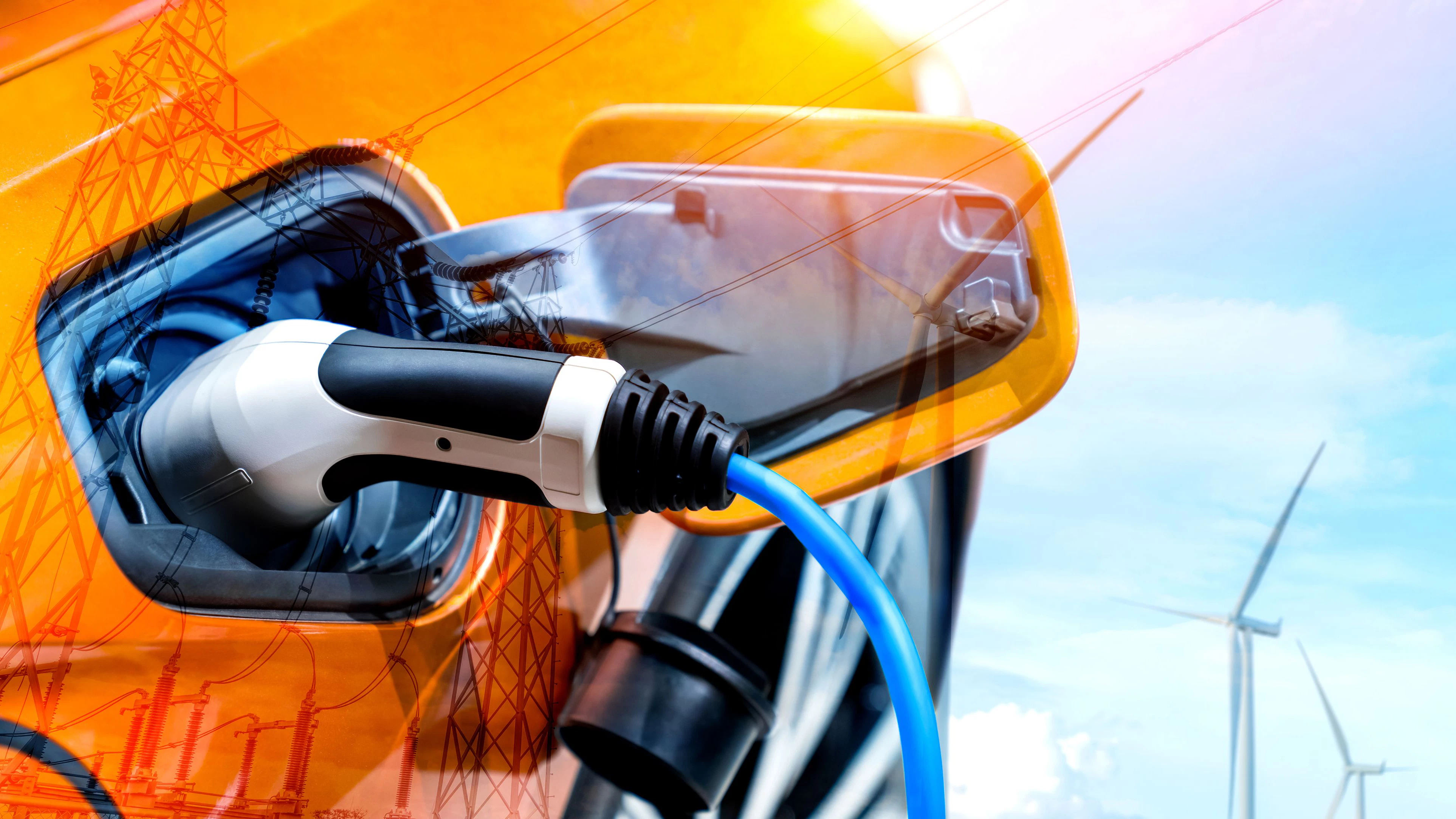 EV charging station for electric car in concept of green sustainable energy produced from renewable resources to supply to charger station in order to reduce CO2 emission .