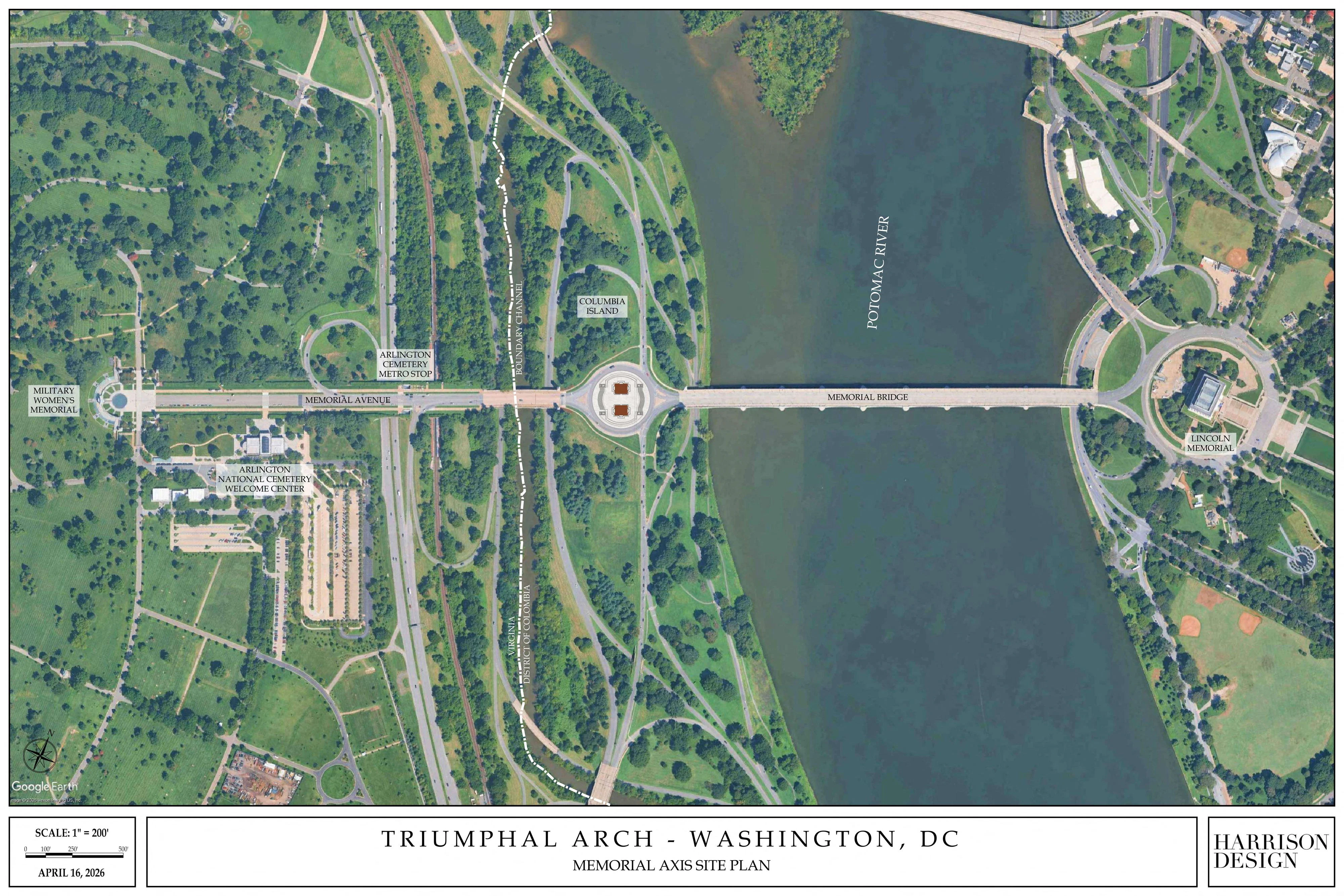 Der "Arc de Trump" soll am Memorial Circle, einem riesigen Kreisverkehr zwischen Lincoln Memorial (rechts) und dem Nationalfriedhof Arlington (links) errichtet werden