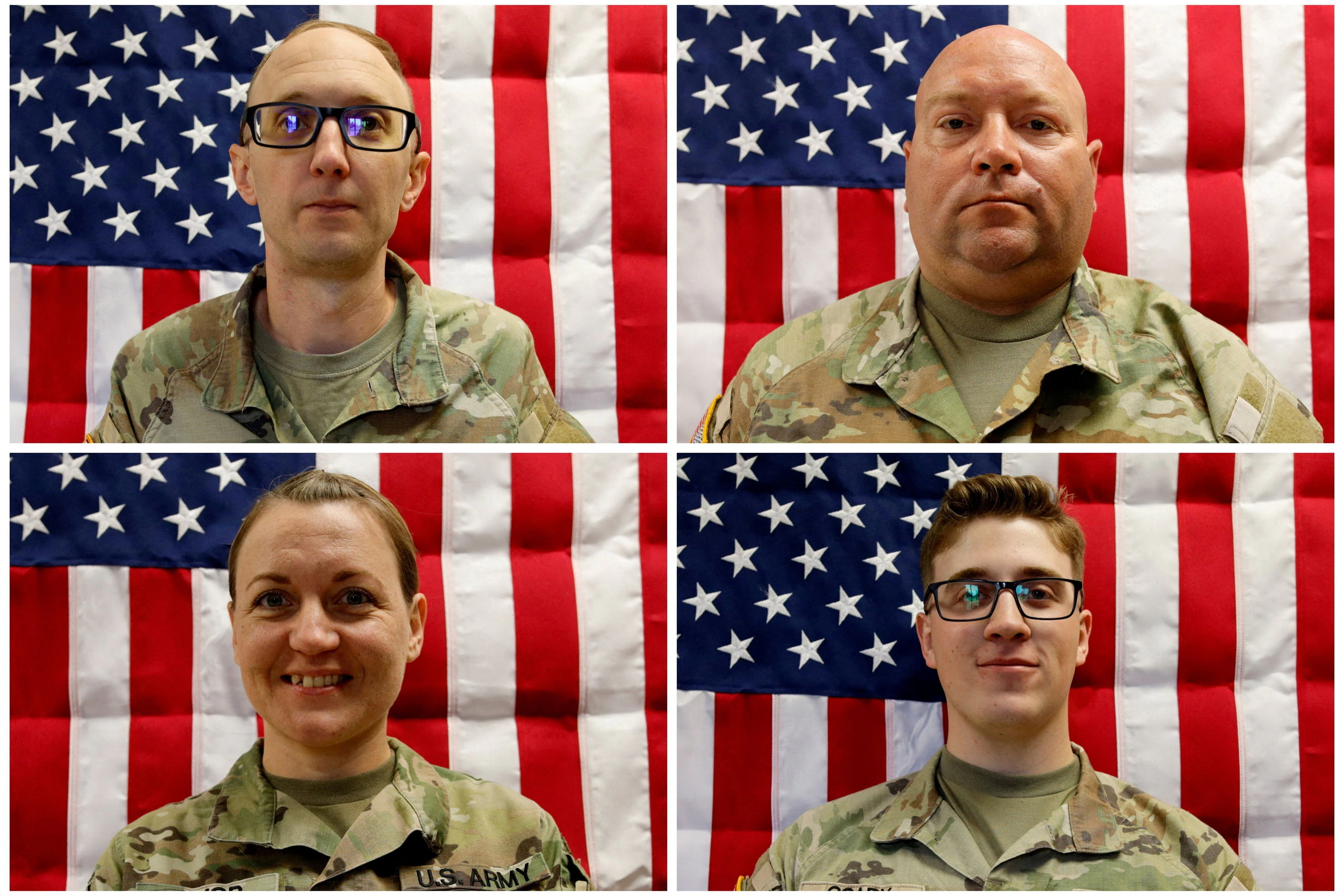 U.S. Army Reserve Captain Cody A. Khork, 35 (l. o.), U.S. Army Reserve Sgt. 1st Class Noah Tietjens, 42 (r. o.), U.S. Army Reserve Sgt. 1st Class Nicole Amor, 39 (l. u.), und U.S. Army Reserve Sgt. Declan Coady, 20, starben bei dem Drohnenangriff auf den Hafen von Shuaiba in Kuwait