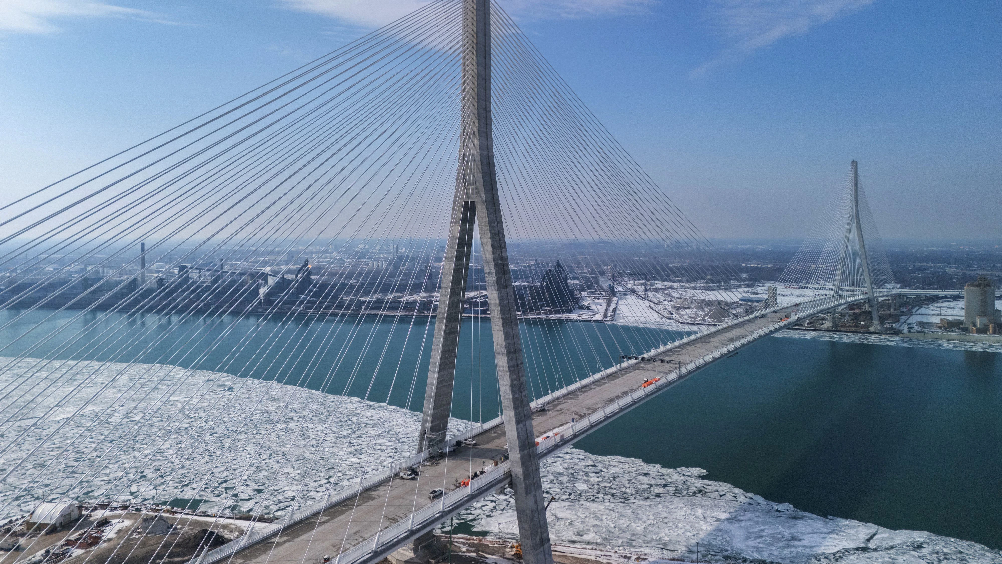 FILE PHOTO: The Gordie Howe International Bridge, under construction to link Detroit, Michigan, with Windsor, Ontario, as seen in a drone image taken from Windsor, Ontario, Canada, February 10, 2026. REUTERS/Dax Melmer/File Photo