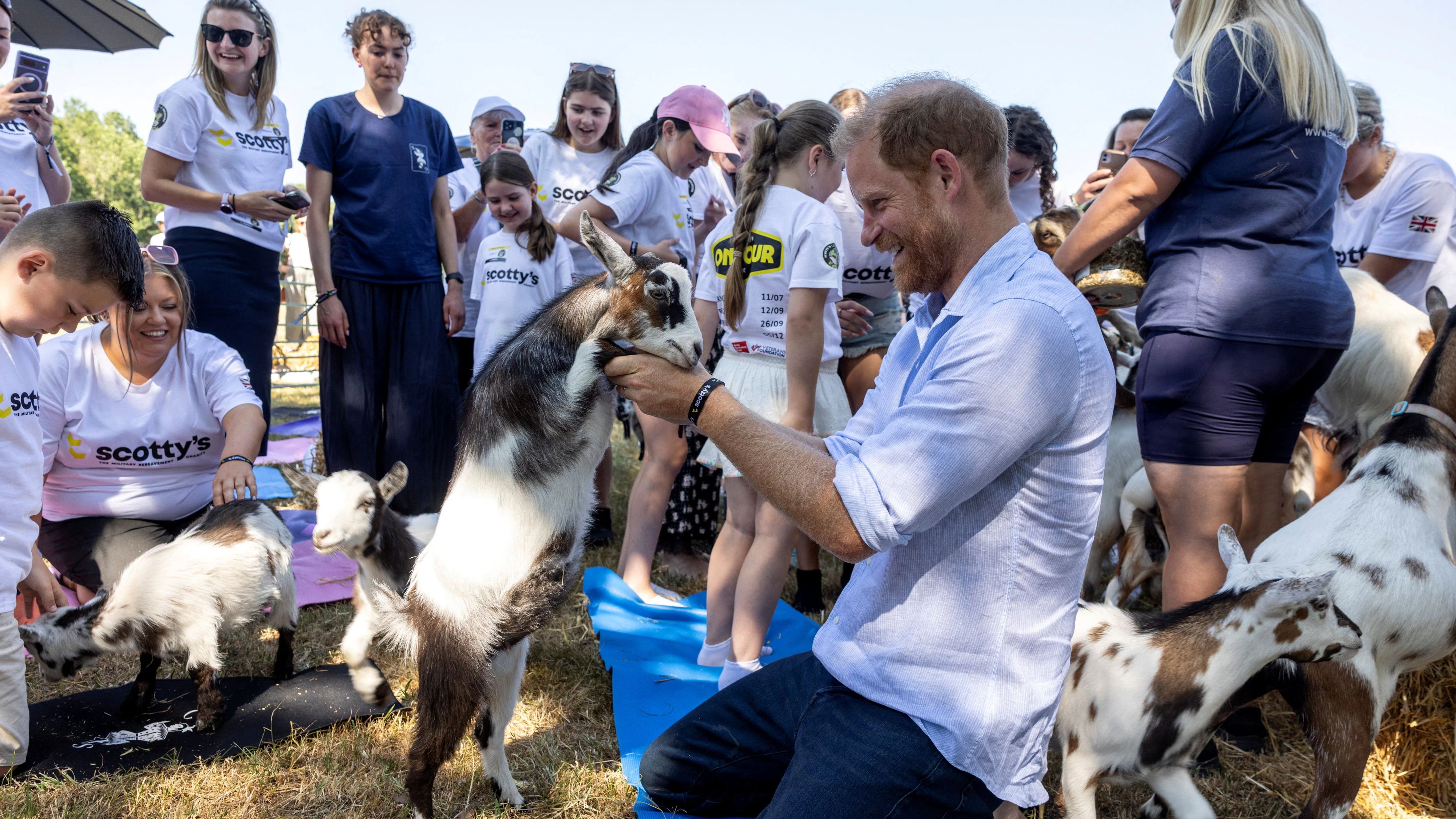 Britain's Prince Harry takes part in Goat Yoga during Scotty's Summer Festival at Maxstoke Castle, in Warwickshire, Britain, July 11, 2026. Heathcliff O'Malley/Pool via REUTERS