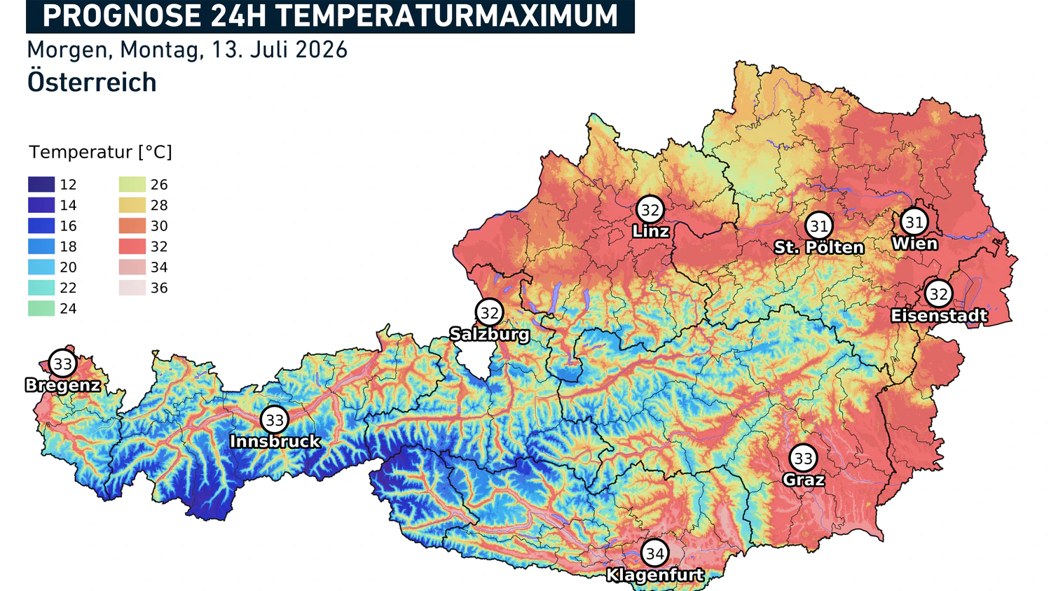 Prognostizierte Höchstwerte am Montag, dem 13.07.2026 in Österreich. Verbreitet liegen die Maxima zwischen 28 und 34 Grad. 