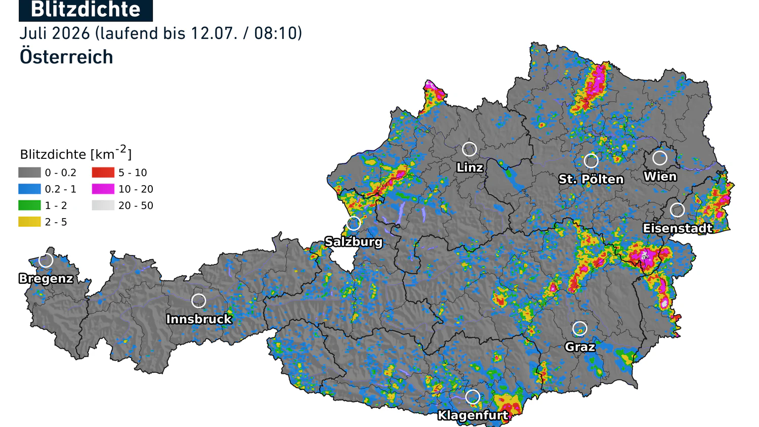Bisherige Blitzdichte im Juli 2026 in Österreich – Stand 12.07.2026. Die stärksten Gewitter mit den meisten Blitzen gab es zu Monatsbeginn in der Buckligen Welt, im Seewinkel sowie lokal im Mühl- und Waldviertel.