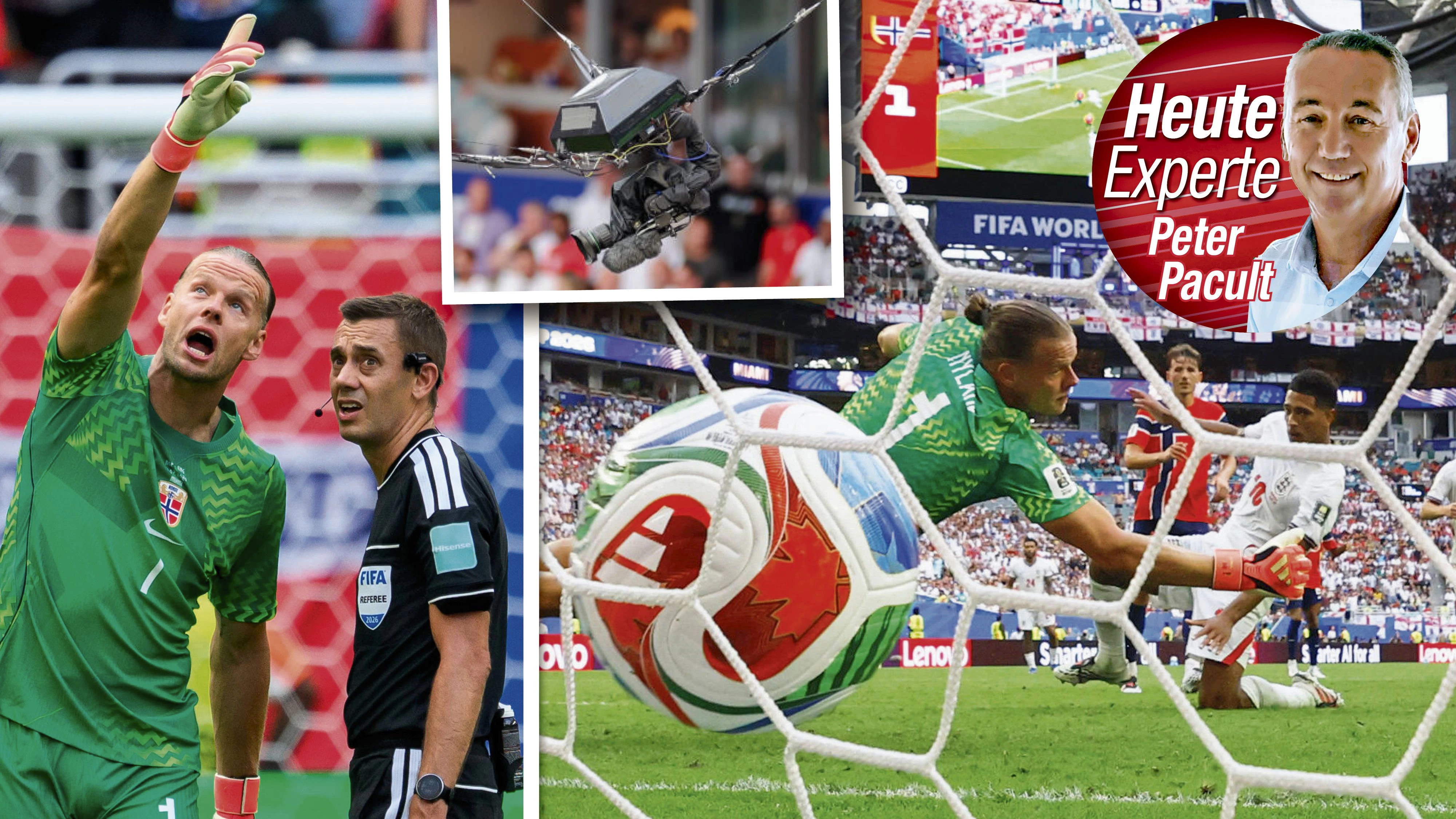Bellingham trifft im WM-Viertelfinale für England zum 1:1 gegen Norwegen. Zuvor hatte der Ball wohl in der Luft ein Kamerakabel berührt. 