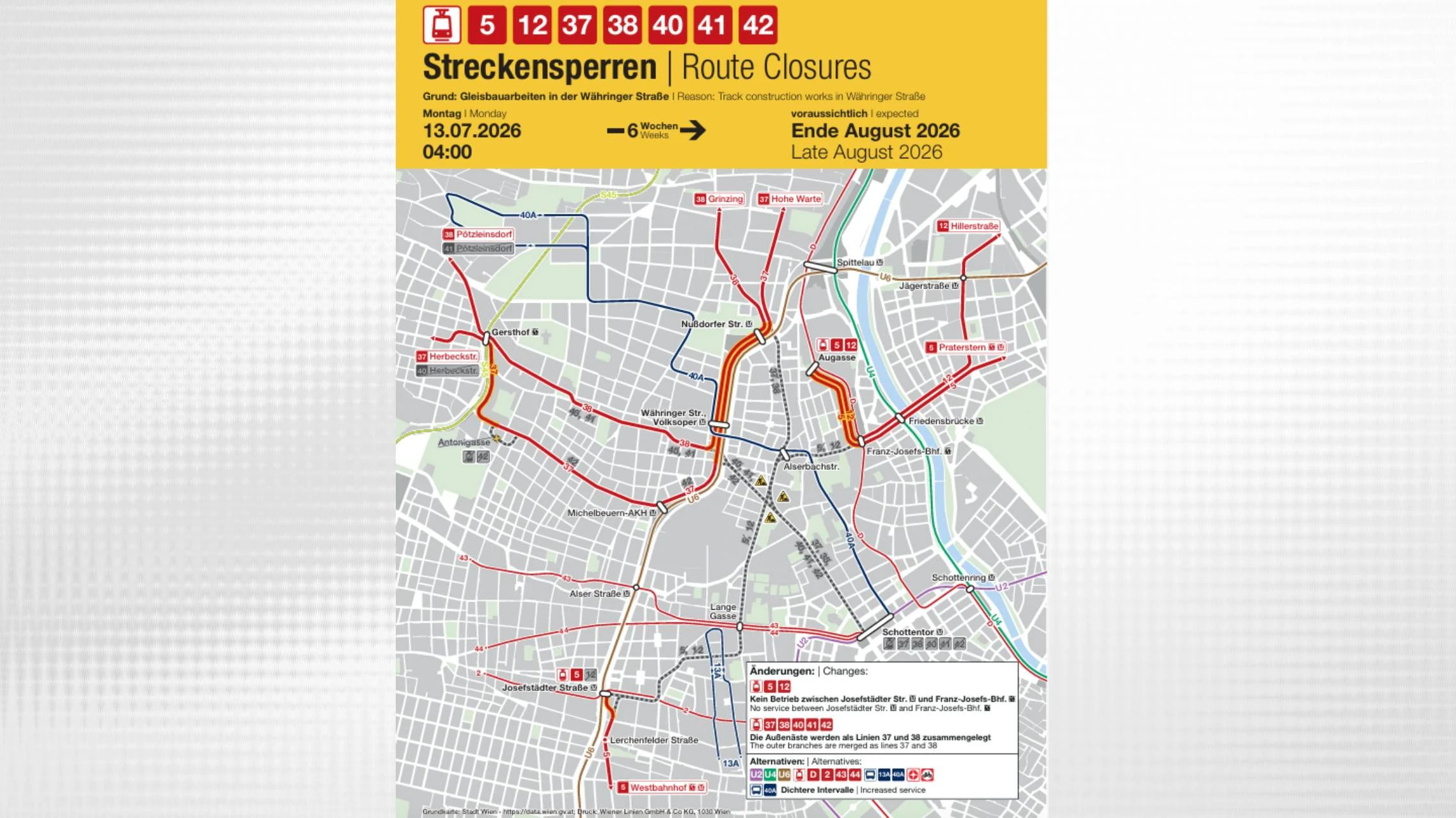 Bauarbeiten Währinger Straße/Nußdorfer Straße - Bim-Sperren