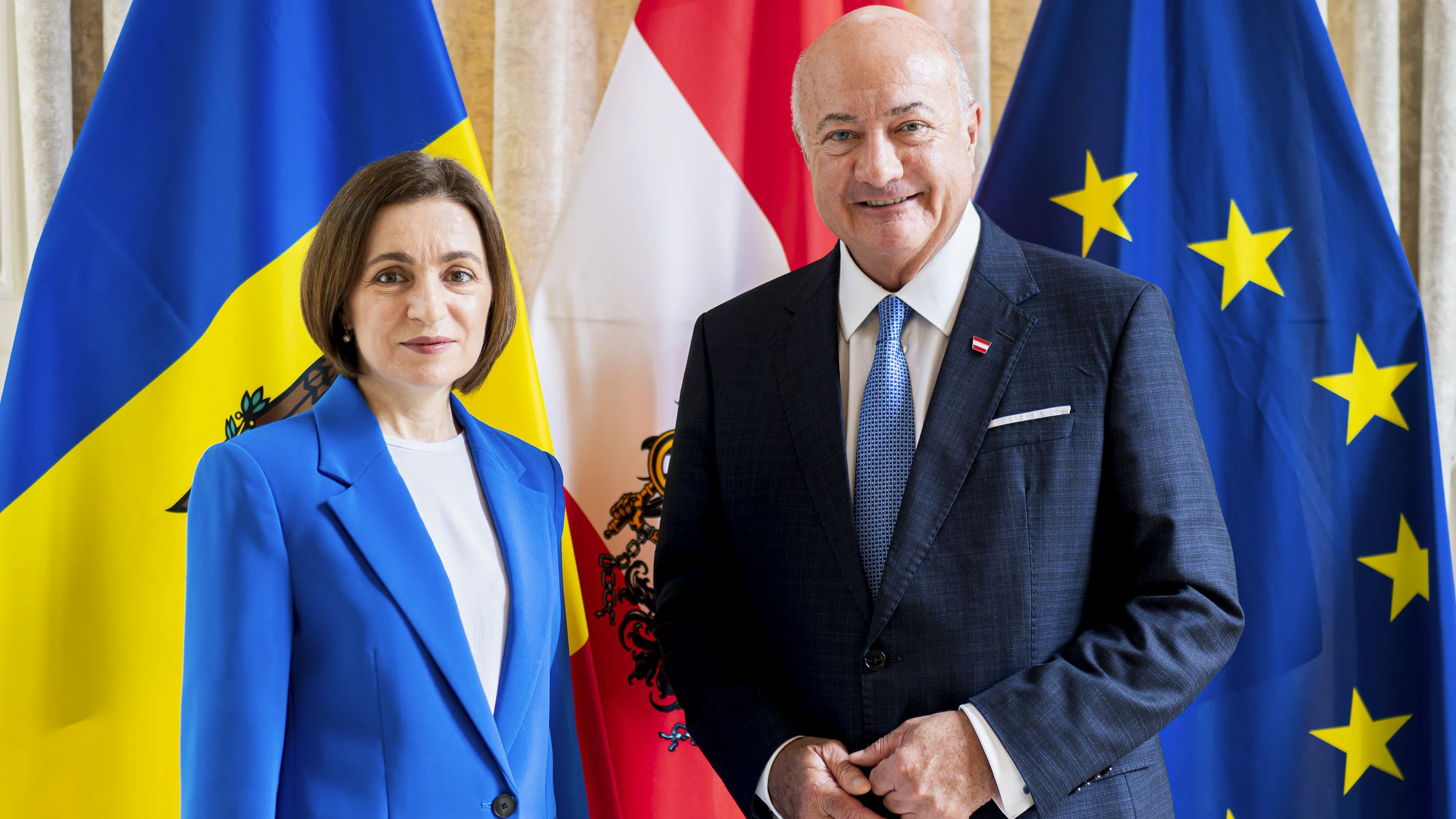 Bundeskanzler Christian Stocker bei einem Treffen mit Maia Sandu, Präsidentin der Republik Moldau, in Paris am 13. Juli 2026.