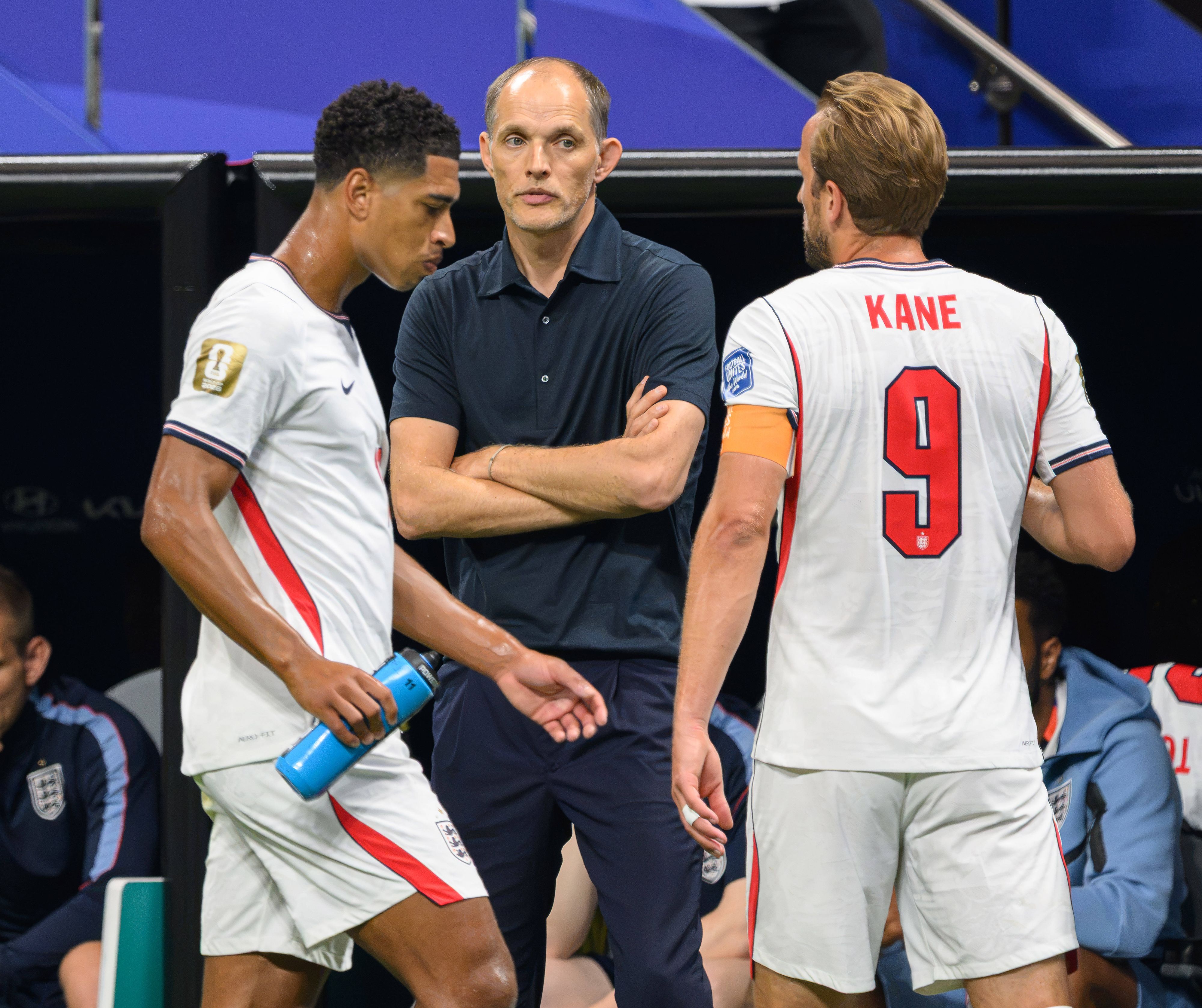 England-Teamchef Tuchel mit seinen Superstars Bellingham (l.) und Kane (r.)