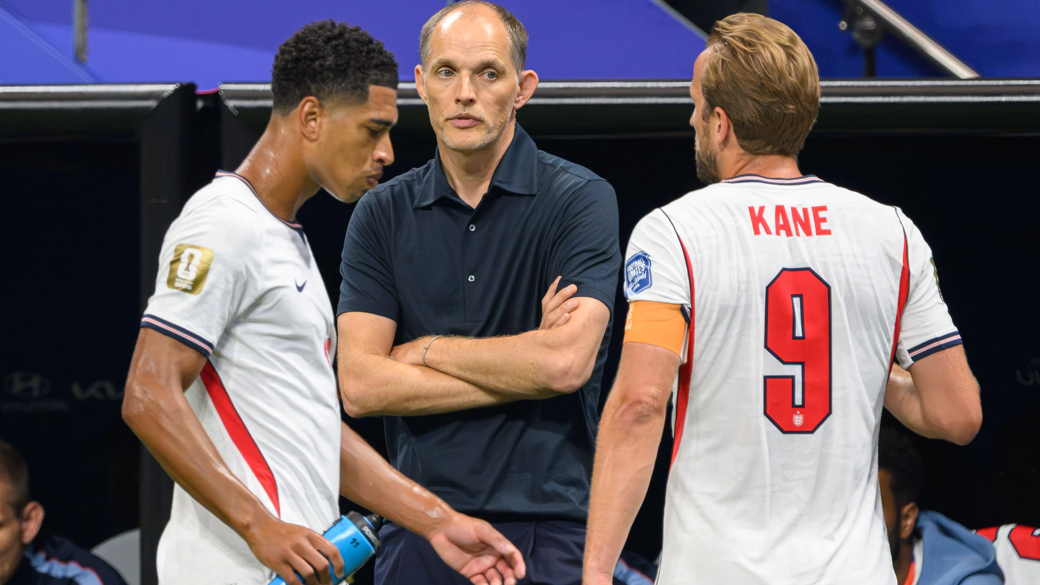 England-Teamchef Tuchel mit seinen Superstars Bellingham (l.) und Kane (r.)