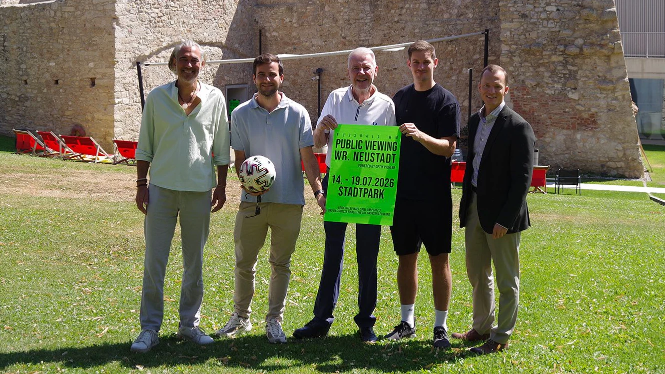 Martin Reinelt ("Vino-Neustadt"), Jakob Berger ("Spätschicht Techno"), Bürgermeister Klaus Schneeberger (VP), William Merl ("Löwenherz") und Gemeinderat Nikolaus Dopler