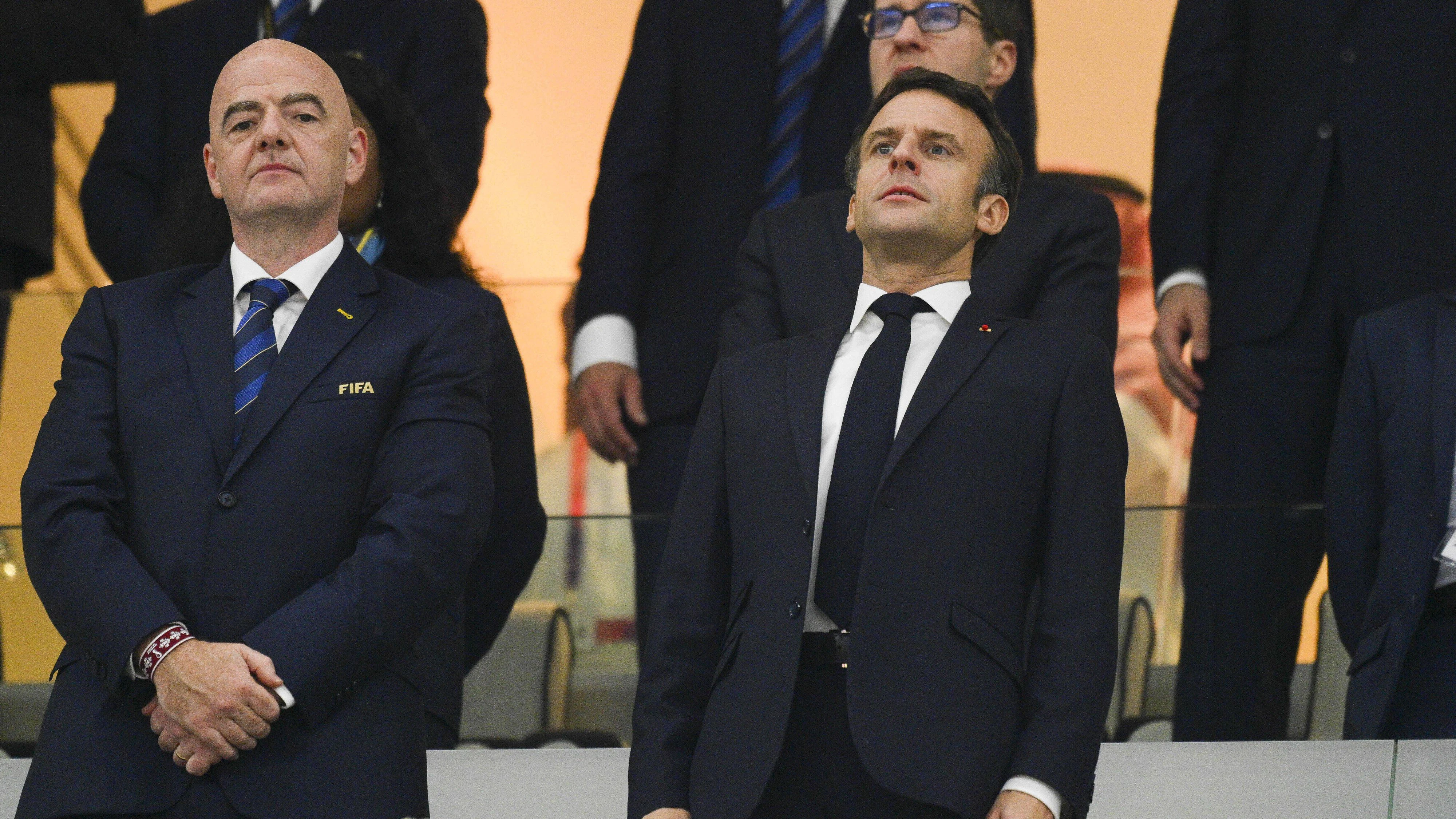 Emmanuel Macron - president de la Republique Francaise Gianni Infantino - president FIFA FOOTBALL : WAGS - France vs Maroc - 1/2 finale - coupe du Monde Qatar 2022 - 14/12/2022 JBAutissier/Panoramic PUBLICATIONxNOTxINxFRAxITAxBEL 