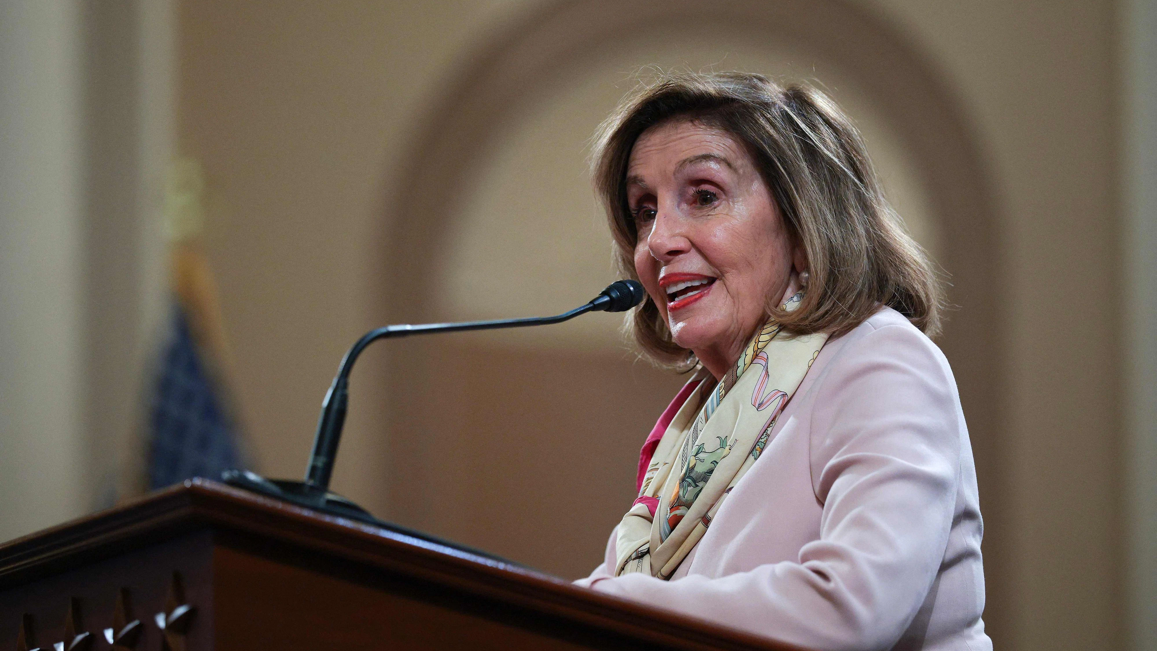 WASHINGTON, DC - JUNE 25: Former U.S. House Speaker, Rep. Nancy Pelosi (D-CA) speaks at a celebration of the life of the late Rep. Barney Frank (D-MA) in the Longworth House Office Building on Capitol Hill on June 25, 2026 in Washington, DC. Frank, who served in the House from 1981-2013, was the first member of Congress to come out as gay in 1987 and was chairman of the House Financial Services Committee from 2007 to 2011, sponsoring the 2010 Dodd-Frank Act, the primary legislative response to the 2007-2008 financial crisis. Frank died May 19 at his home in Ogunquit, Maine. He was 86.   Chip Somodevilla/Getty Images/AFP (Photo by CHIP SOMODEVILLA / GETTY IMAGES NORTH AMERICA / Getty Images via AFP)