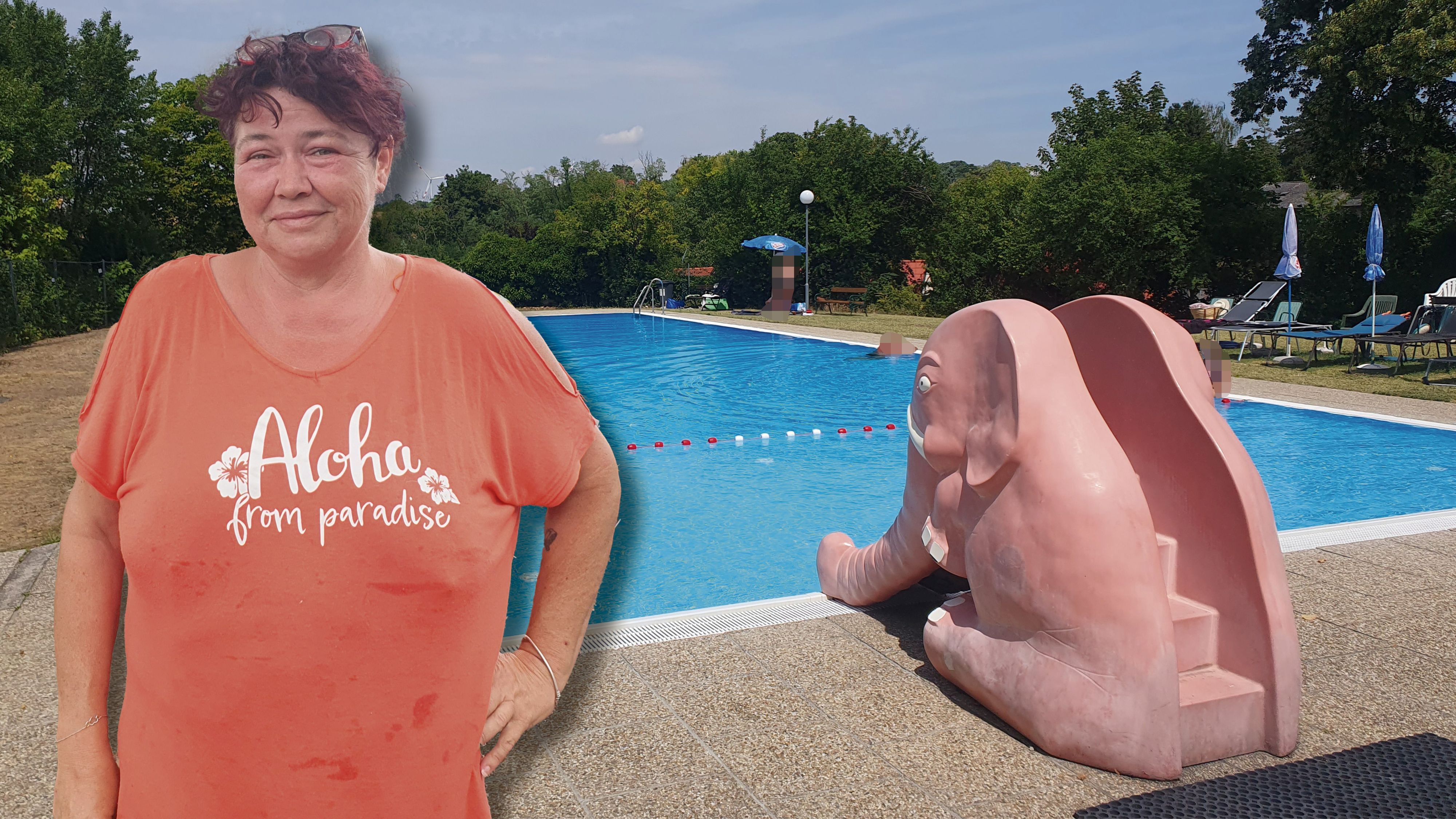 Waldbad-Chefin Karina Fritz; das Becken mit Kinderrutsche