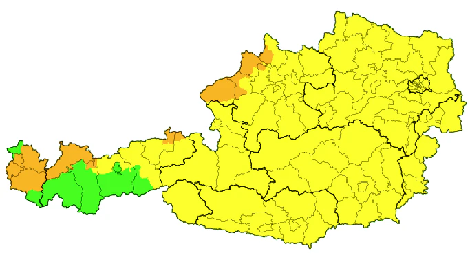 Gewitter und Hagel: Die aktuellen Warnungen (orange) und Vorwarnungen (gelb) für Österreich.