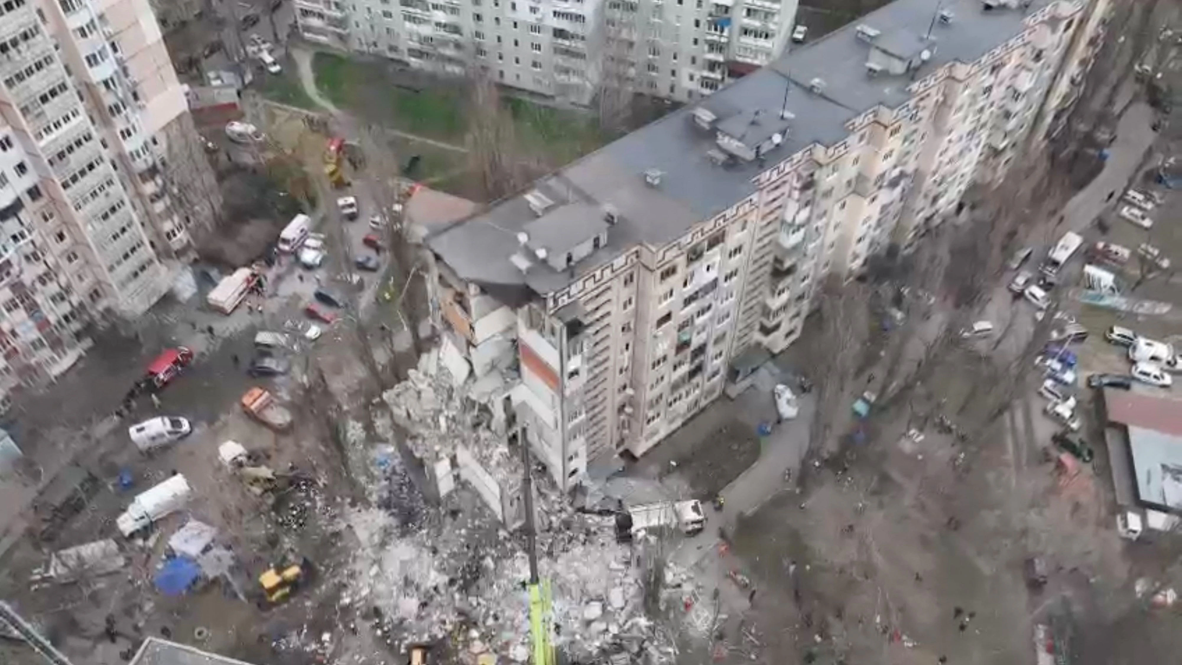 Drone view shows rescue crews working at the site of a residential building heavily damaged by a Russian drone strike that killed several residents, amid Russia's attack on Ukraine, in Odesa March 2, 2024 in this still image from handout video. State Emergency Service of Ukraine/Handout via REUTERS    THIS IMAGE HAS BEEN SUPPLIED BY A THIRD PARTY. MANDATORY CREDIT