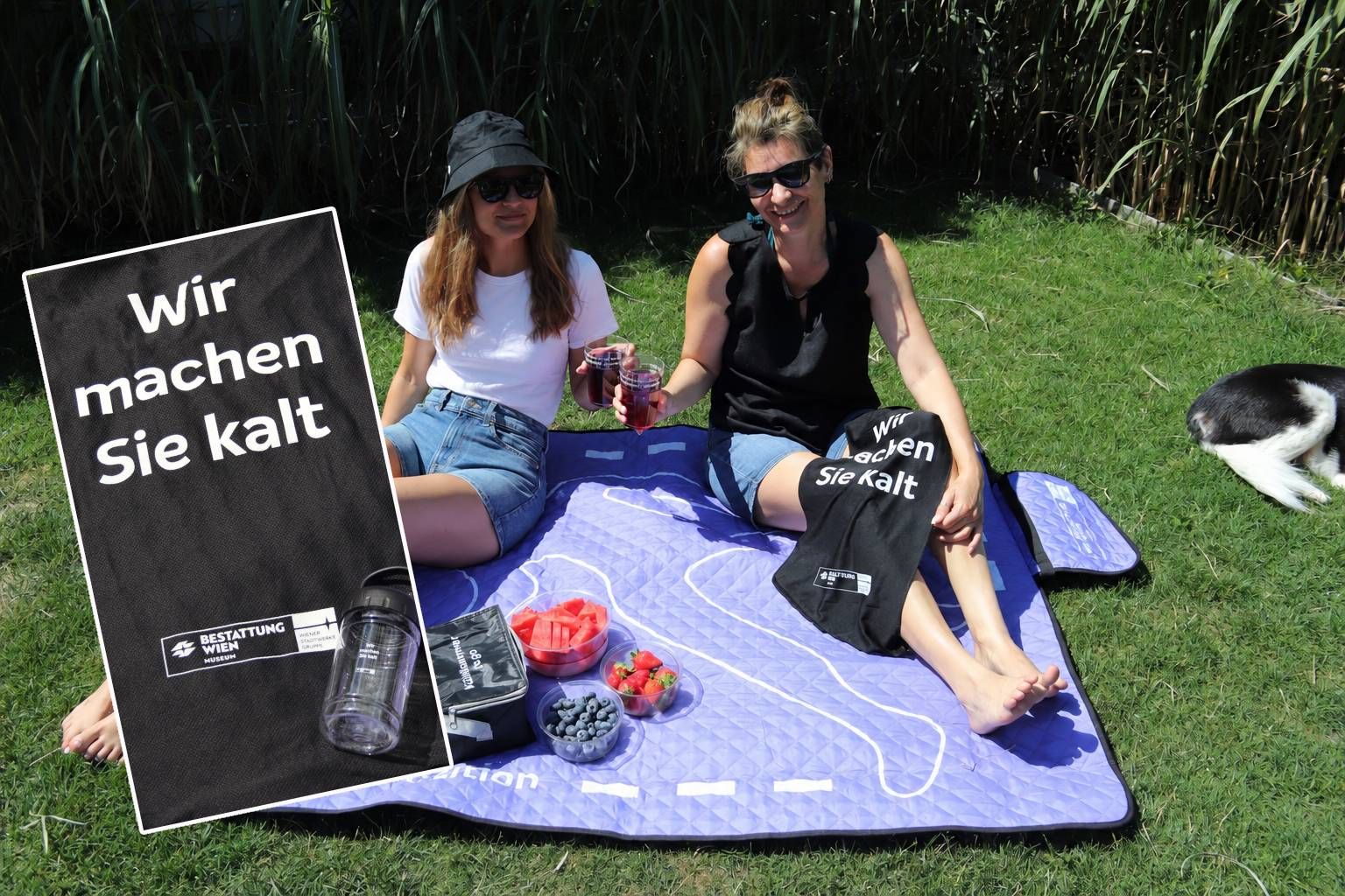 Die Bestattung Wien präsentiert die Produkte der neuen Sommerkollektion, darunter ein Kühltuch und eine Picknickdecke.