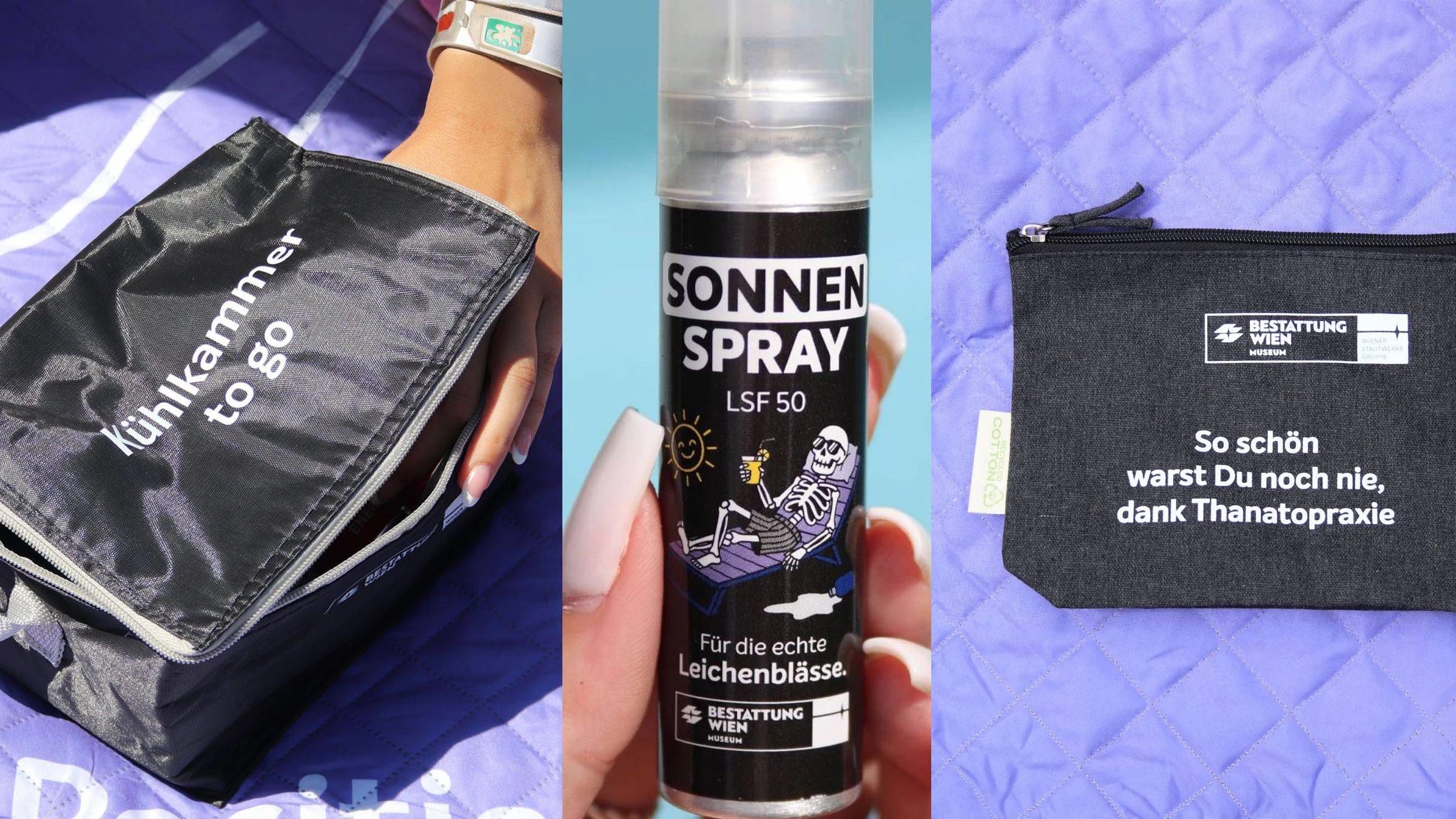 Kühltasche, Sonnenspray und Kosmetiktasche von der Bestattung Wien