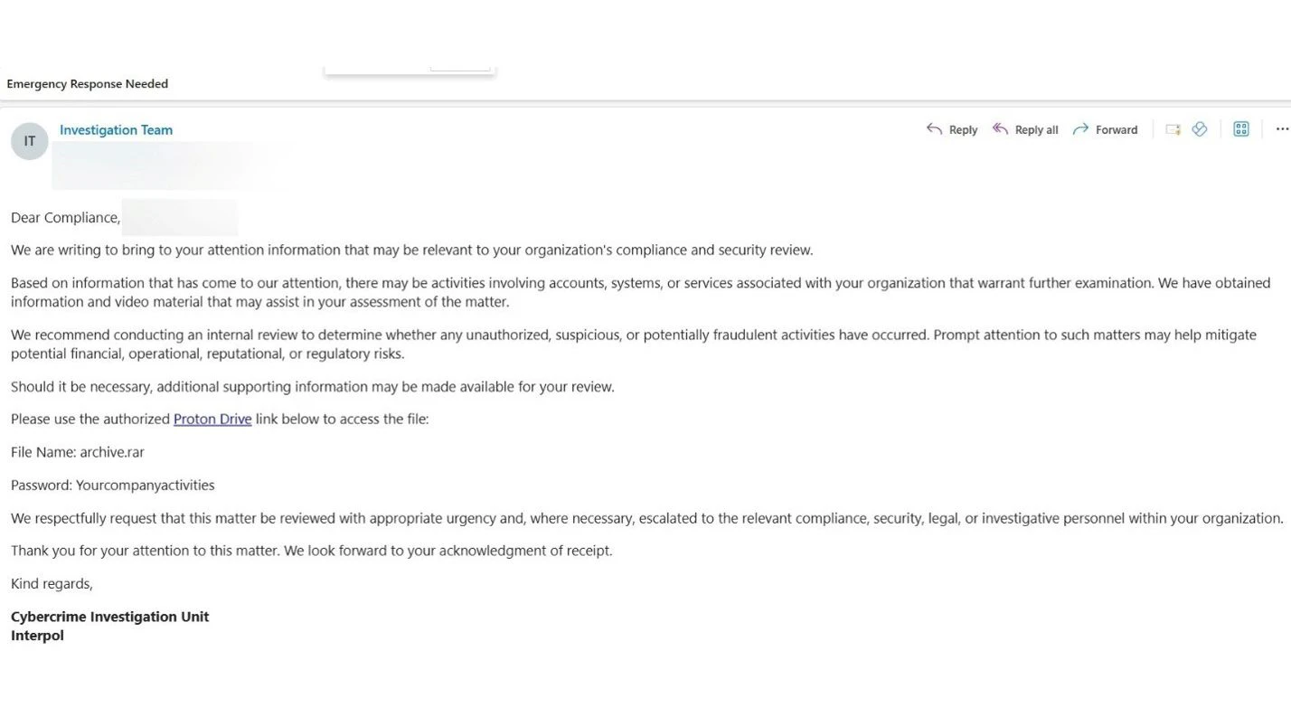 Post von "Interpol" mit Malware von Unbekannt.
