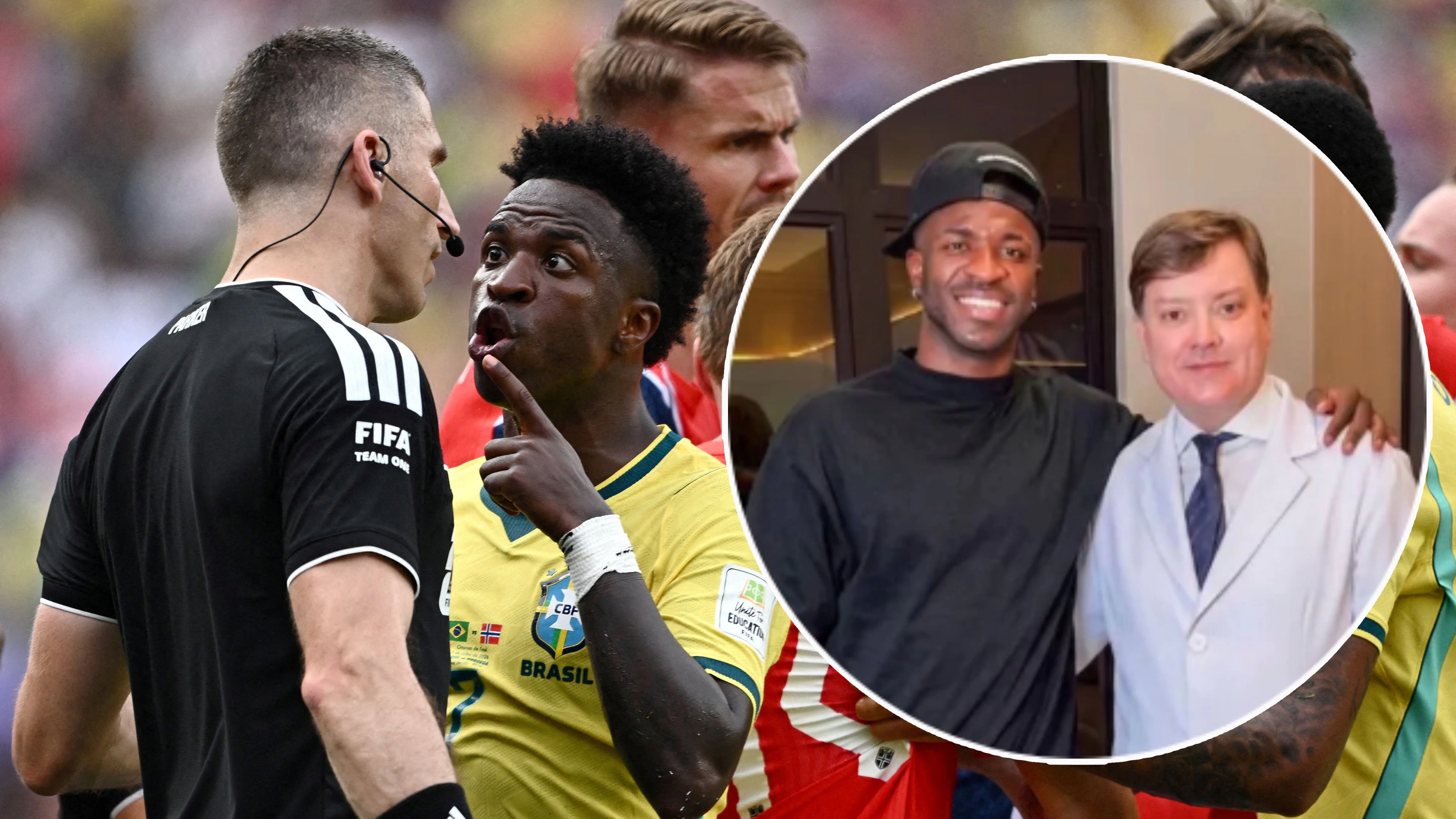 Vinicius Junior soll sich einem Eingriff am Kiefer unterzogen haben, posiert neben Dr. Alessandro Alarcao