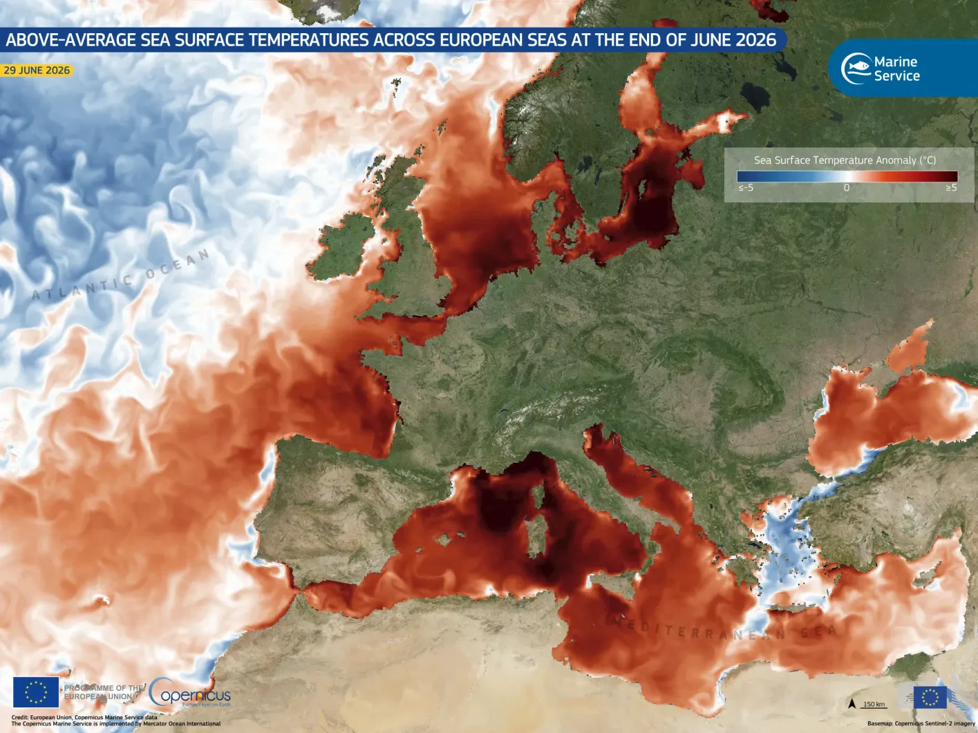 Das Mittelmeer ist in diesem Sommer viel zu warm! Die roten und dunkelroten Farbtöne kennzeichnen Gebiete, in denen Ende Juni Meeresoberflächentemperaturen über dem langjährigen Durchschnitt gemessen wurden. Die größten Abweichungen erreichten etwa 6 °C im westlichen Mittelmeer, insbesondere im Golf von Lion vor der Küste Südfrankreichs sowie im Ligurischen und Tyrrhenischen Meer entlang der Westküste Italiens. 