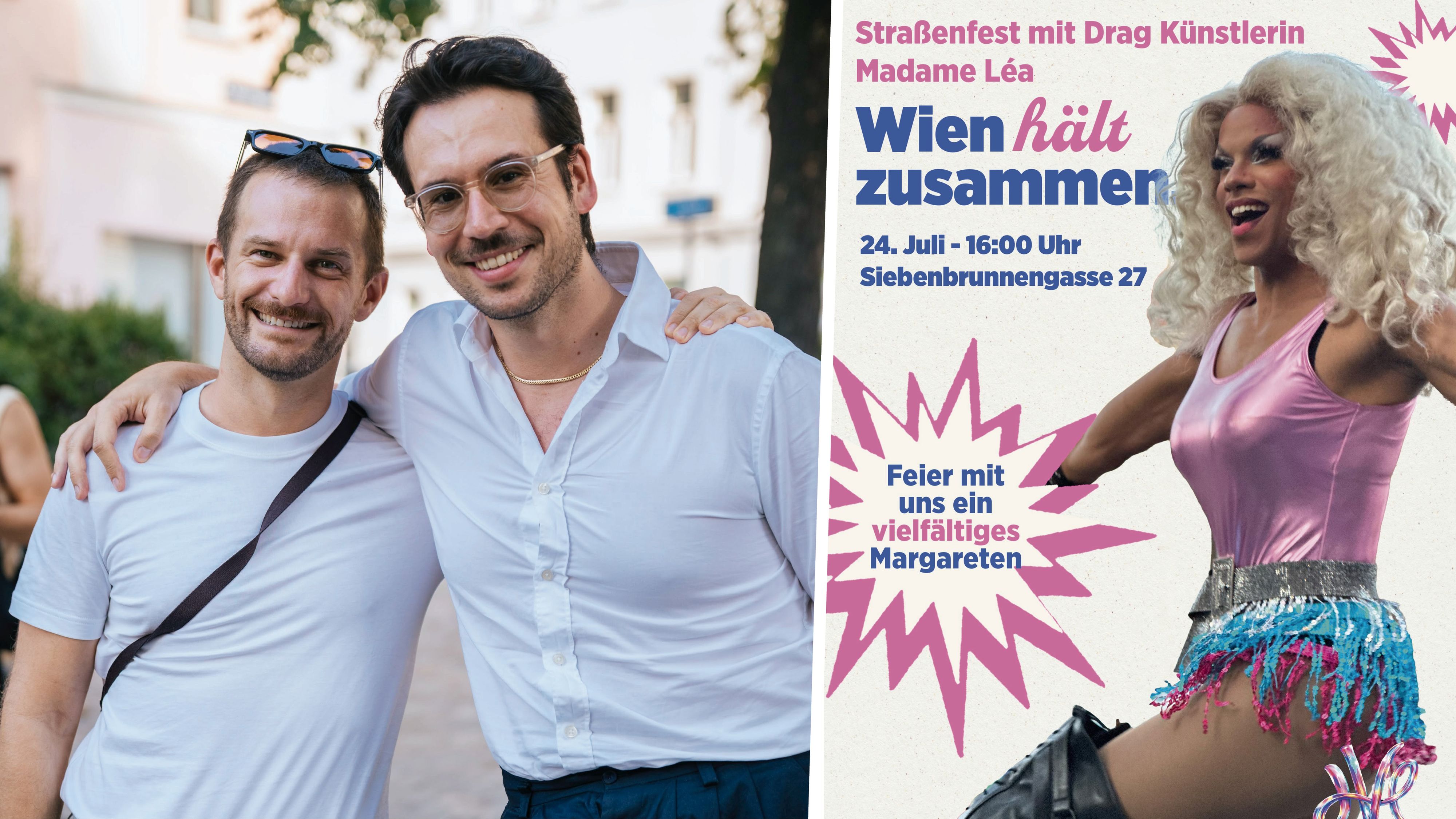 Grünen-Chef Peter Kraus und Margaretens Bezirkschef Michael Luxenberger (Grüne) laden zum Straßenfest.