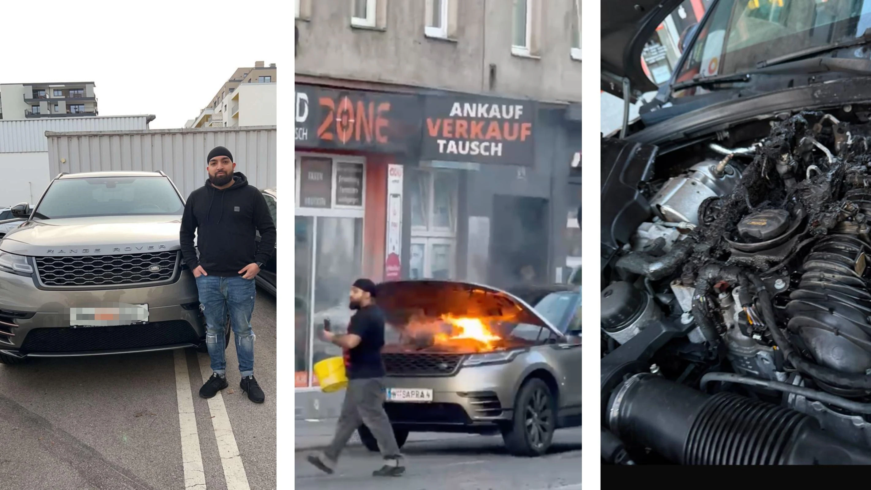 Der Wiener mit seinem Auto vor dem Brand; das Unglück; der Motorblock nach dem Löschen.