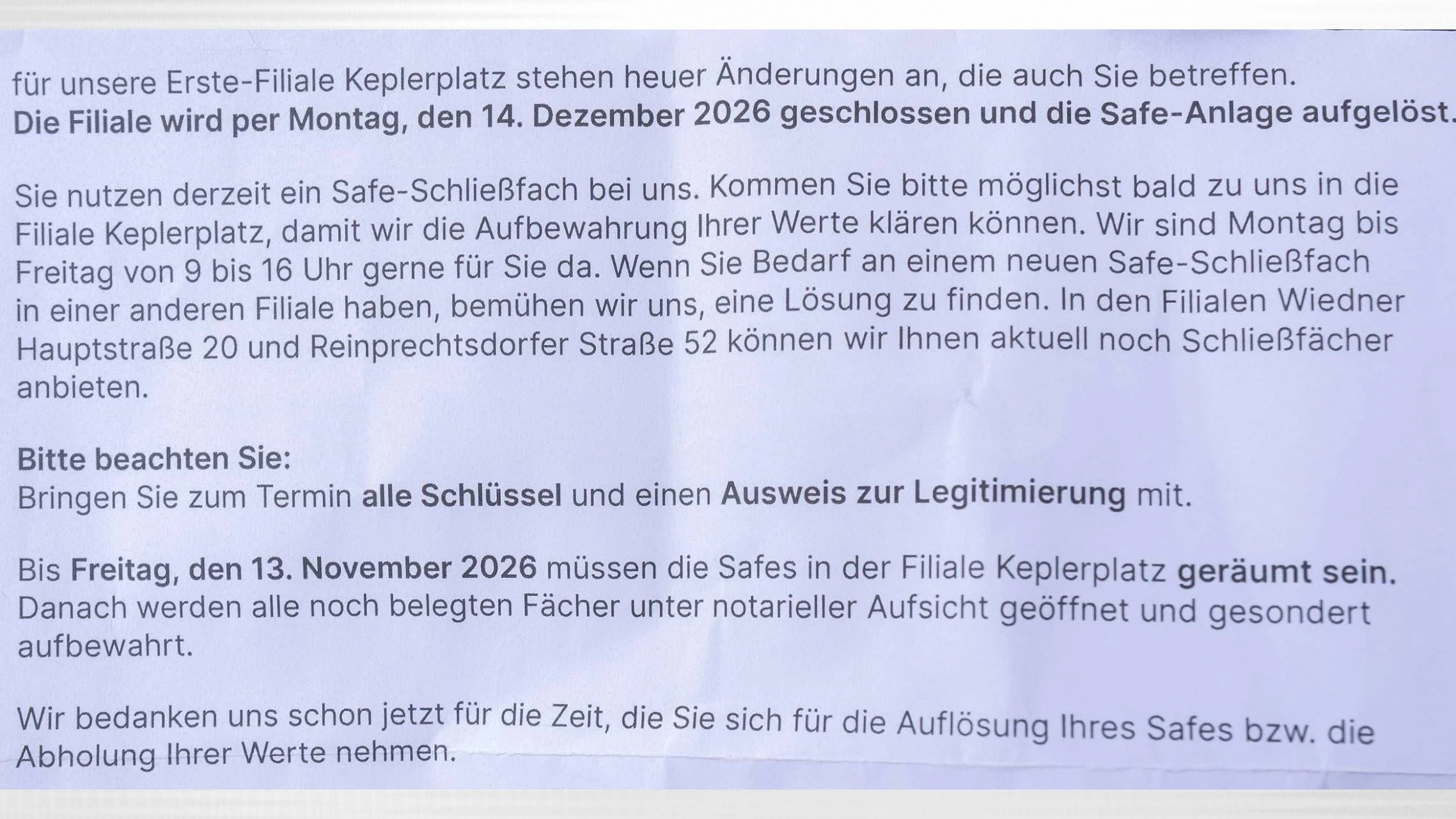 Per Brief wurde Alma S. über die Schließung der Filiale informiert.