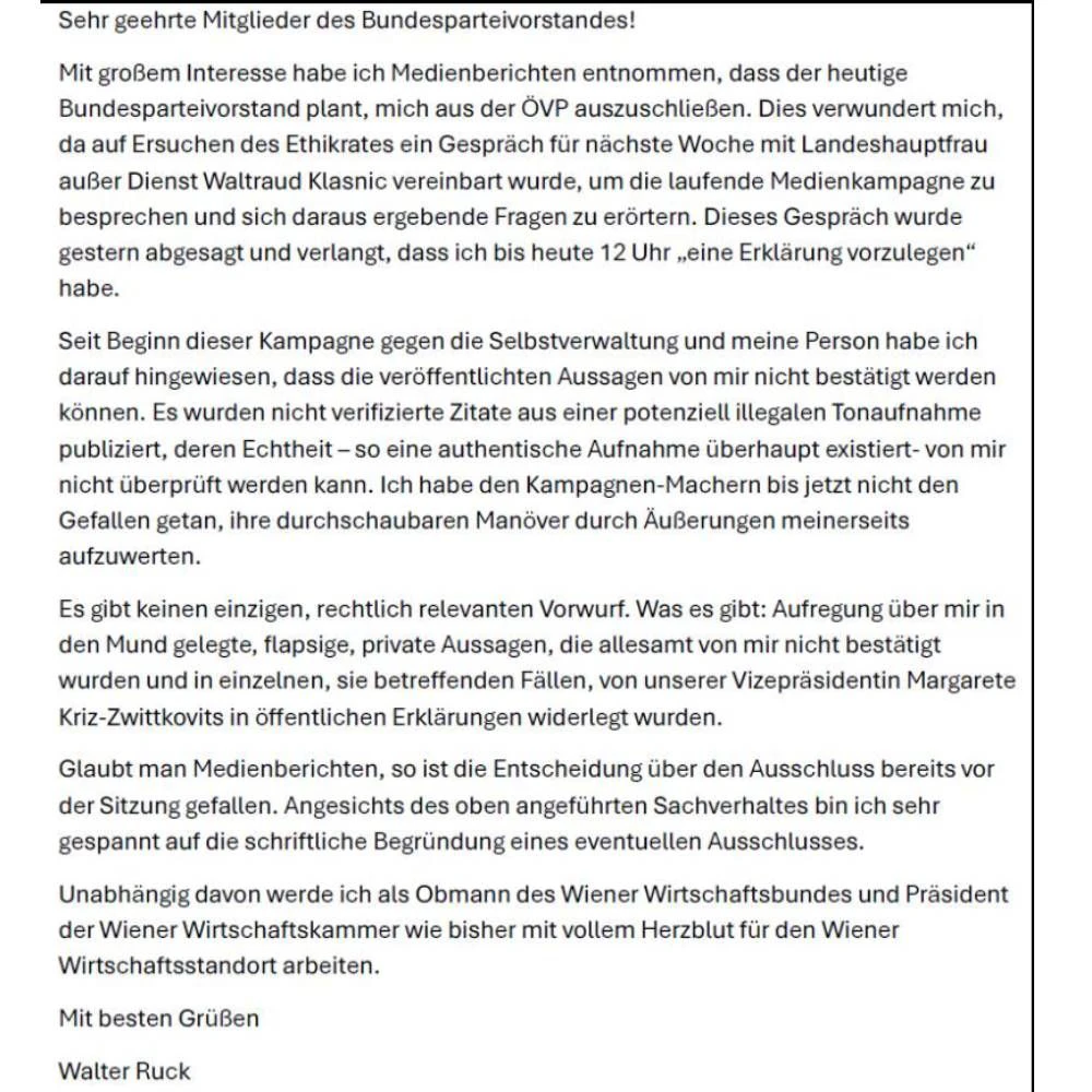 Diesen Brief schrieb Walter Ruck jetzt an den ÖVP-Vorstand.