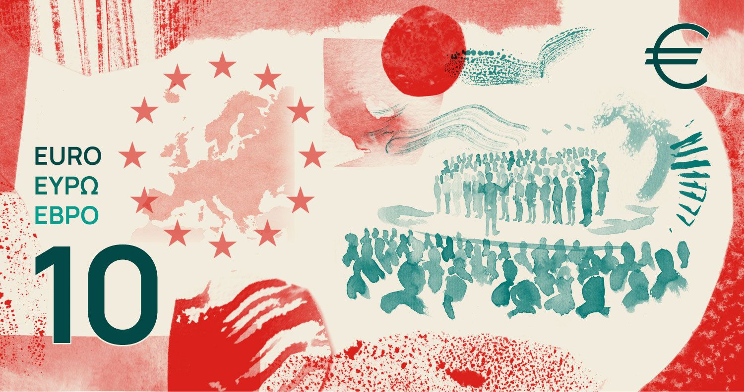 Design-Vorschlag F von Jan Robert Dünnweller. Die Abbildungen zeigen Entwürfe für mögliche zukünftige Euro-Banknoten, nicht ihre finale Version.