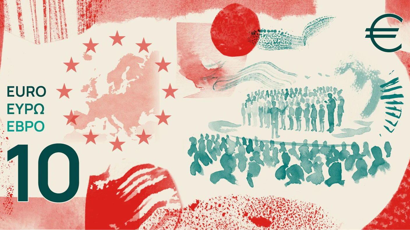 Design-Vorschlag F von Jan Robert Dünnweller. Die Abbildungen zeigen Entwürfe für mögliche zukünftige Euro-Banknoten, nicht ihre finale Version.