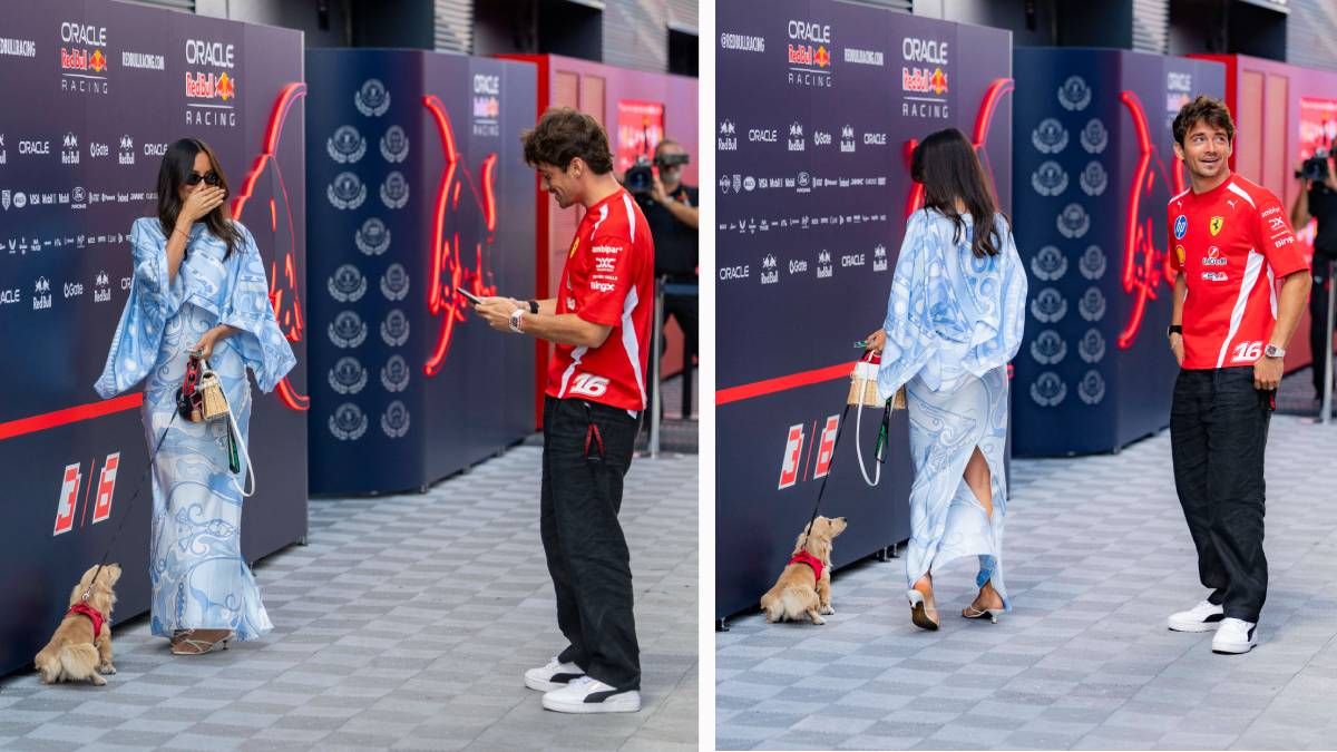 Charles Leclerc und seine Frau Alexandra gehen mit Dackel Leo im Fahrerlager der Formel 1 spazieren.