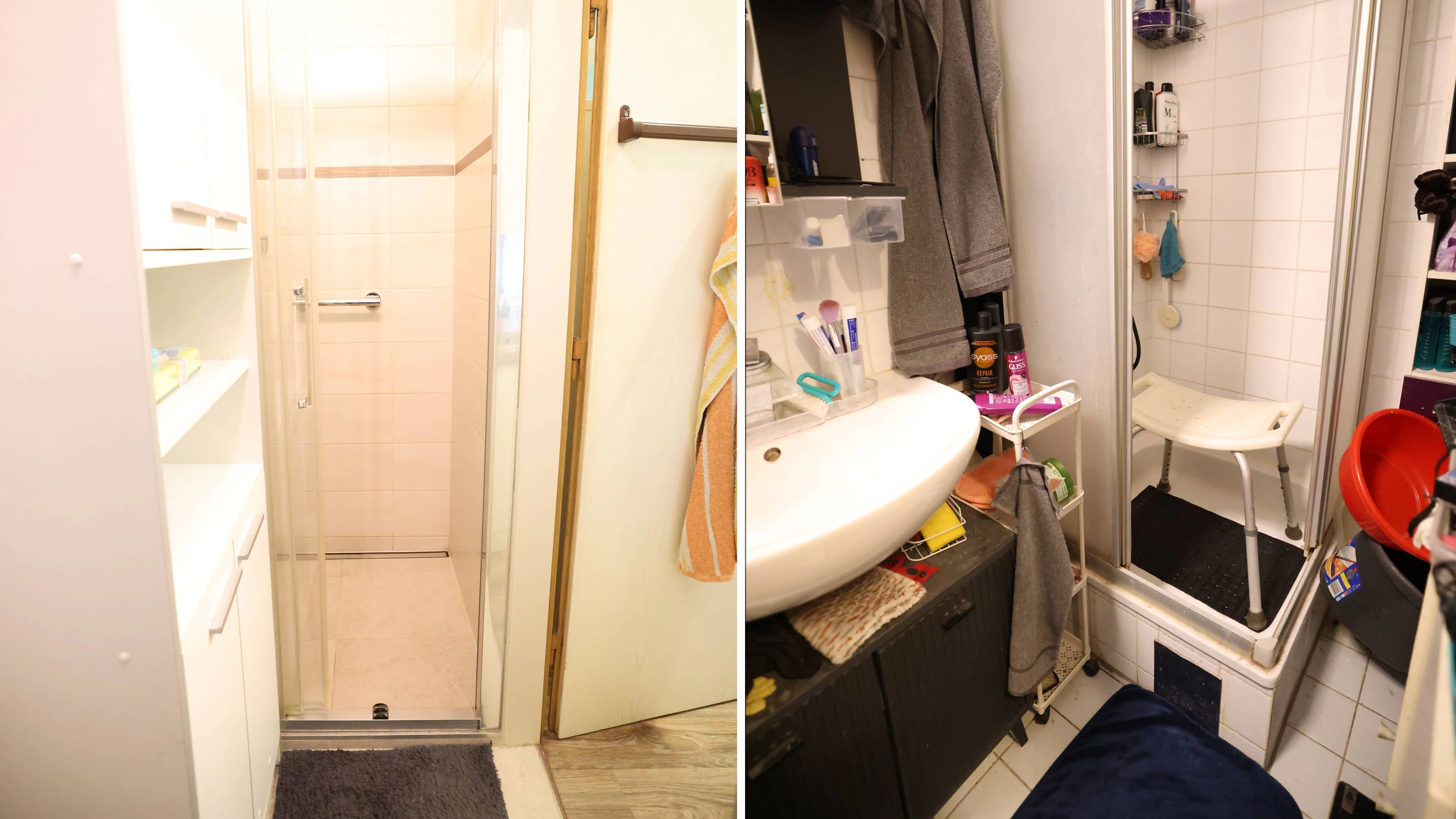 Die Dusche in der Nachbarwohnung (l.) ist barrierefrei, jene von Sylvia W. nicht (r.).