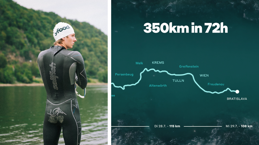 Extremathlet und Influencer Marinus Obermair schwimmt seit Sonntag von Passau bis nach Bratislava – 350 Kilometer waren das Ziel.