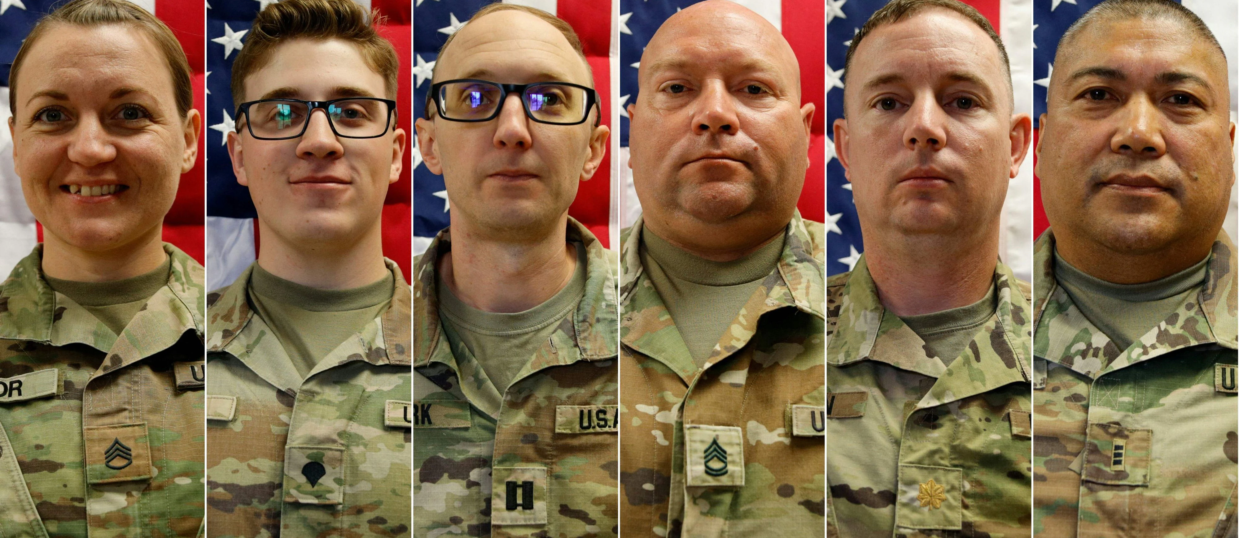 Sechs von bislang 18 toten US-Soldaten: Nicole Amor, 39, Declan Coady, 20, Cody Khork, 35, Noah Tietjens, 42, Jeffrey O'Brien, 45, und Robert Marzan, 54 (v. l.)