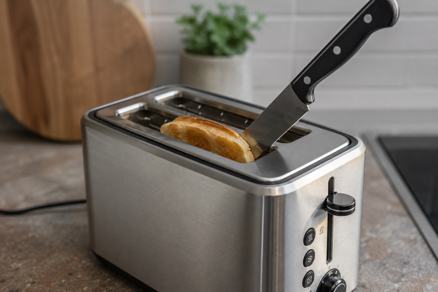 Ein Messer gehört auf den Frühstückstisch – aber niemals in einen eingesteckten Toaster.