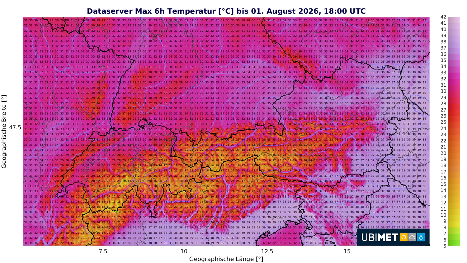 Die Temperaturen steigen auf 33 bis 39 oder vereinzelt sogar 40 Grad, mit den höchsten Werten im östlichen Flachland.