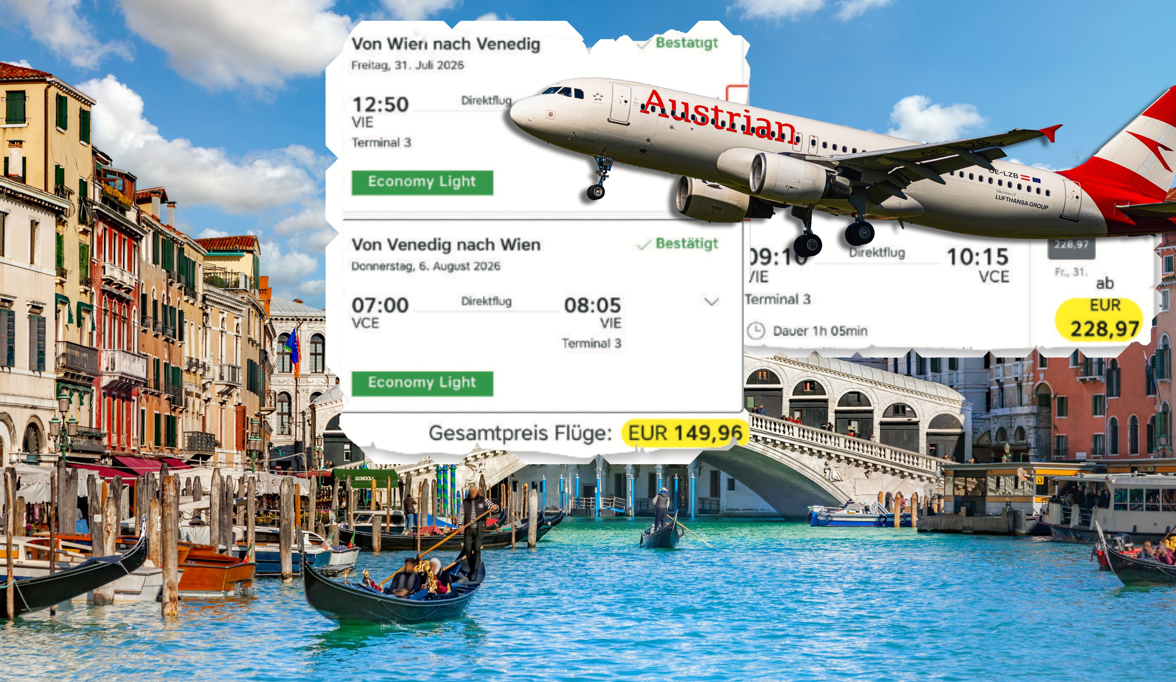 Die Buchungsmasken beider Reise-Varianten zeigen den Preisunterschied deutlich.