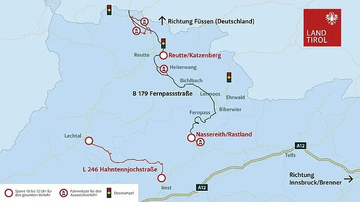 Übersicht: Sperren der B 179 Fernpassstraße und L 246 Hahntennjochstraße am 1. August 2026 von 9.45 bis 12 Uhr. 
