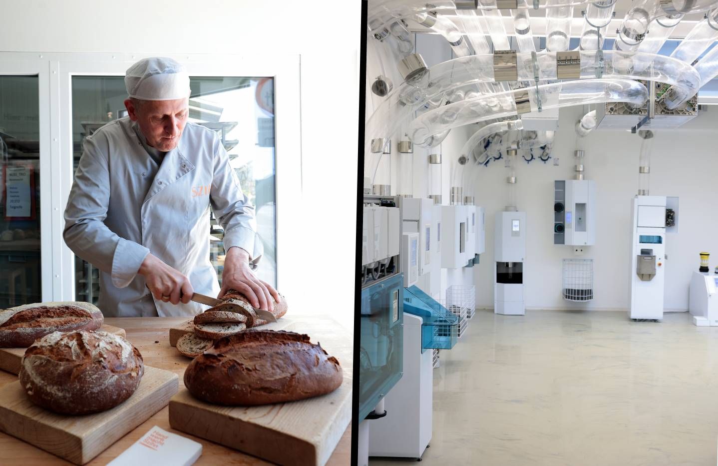 Stefan Szihn von der Bäckerei Szihn (li.) und der Showroom der Sumetzberger GmbH für automatisiertes Medikamentenmanagement (re.).