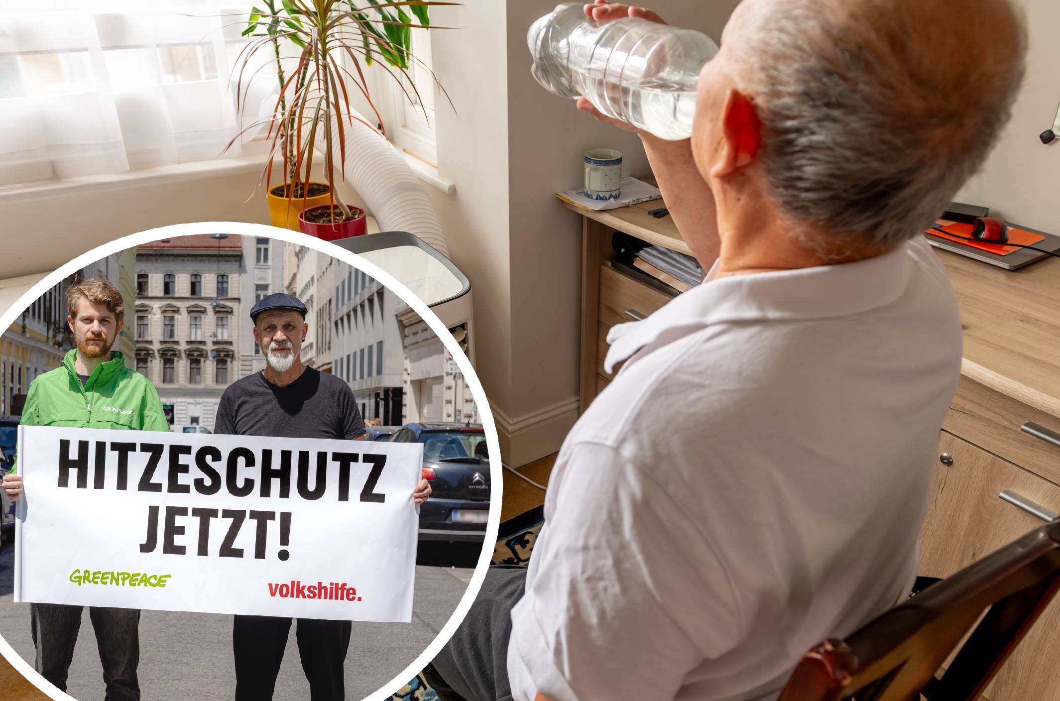 Marc Dengler, Klimaexperte Greenpeace, und Erich Fenniger, Direktor der Volkshilfe (v.l.), fordern Hitzeschutz-Maßnahmen.