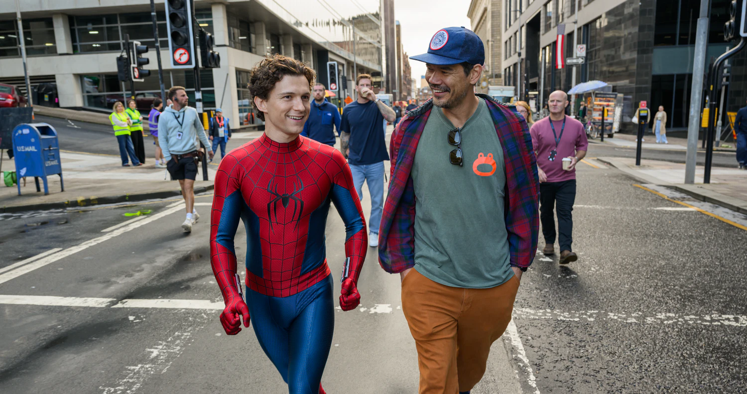 Tom Holland and Director Destin Daniel Cretton on the set of Columbia Pictures SPIDER-MAN™: BRAND NEW DAY.  Photo by: Jay Maidment
