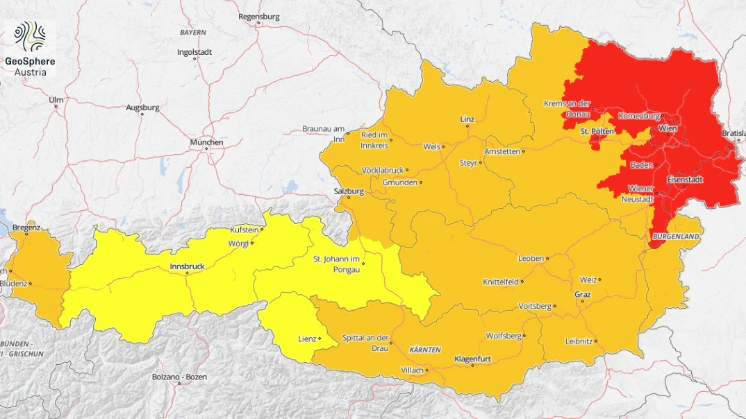 Ein neuer Hitze-Höhepunkt steht bevor: Die GeoSphere Austria hat bis inklusive 5. August die höchste Warnstufe (rot) in der Ostregion ausgelöst. Auch im Rest des Landes ist die Hitzebelastung hoch.