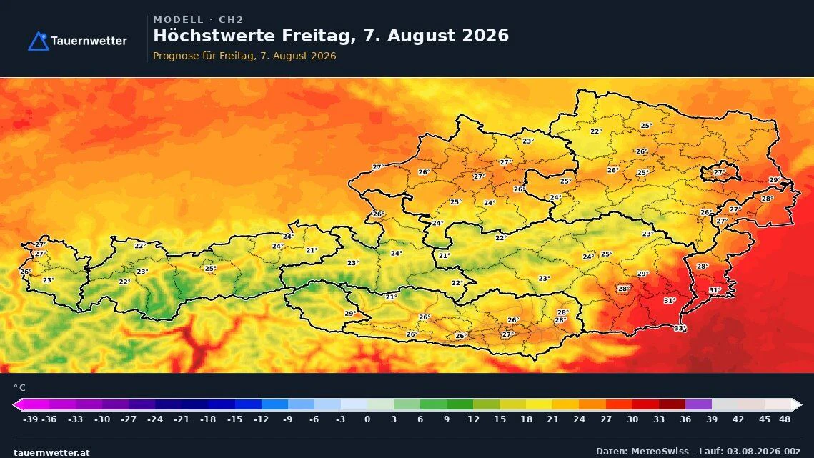 Die Temperaturen für Freitag, 7. August 2026