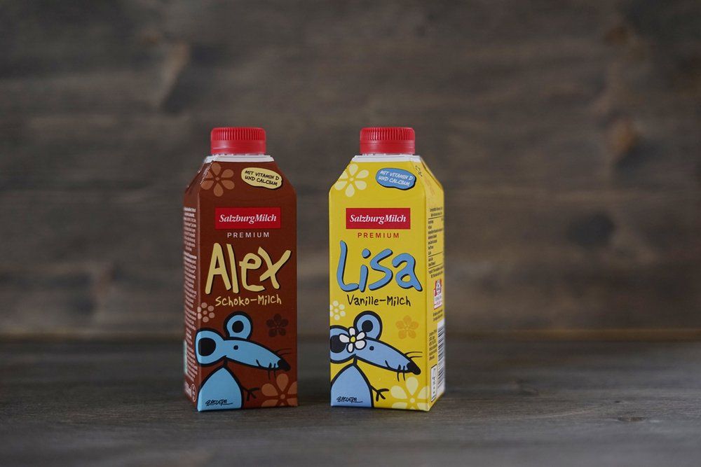 SalzburgMilch setzt bei ihren Klassikern Alex Schoko-Milch und Lisa Vanille-Milch künftig auf eine neuartige Kartonflasche.