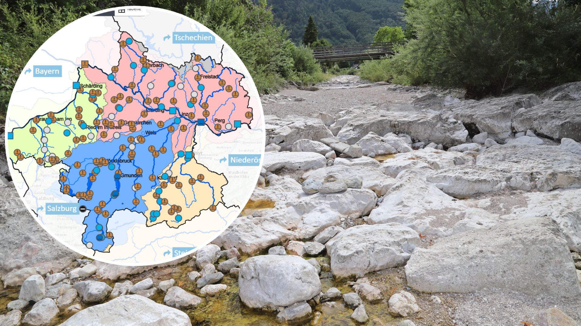 Die Karte zeigt, wie dramatisch die Situation schon ist. Viele Bäche sind schon längst ausgetrocknet. (im Bild: der Rindbach bei Ebensee)