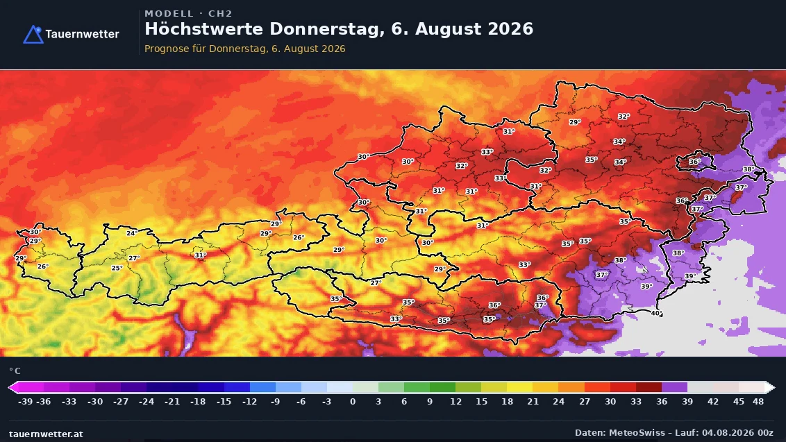 Die Höchstwerte für Donnerstag, 6. August 2026