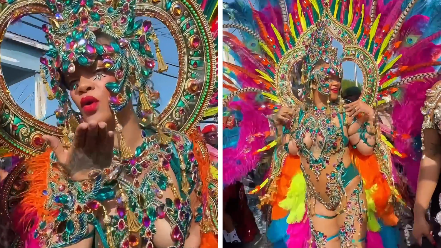 Kaum Stoff, jede Menge Glitzer: Rihanna bringt den Karneval zum Beben.
